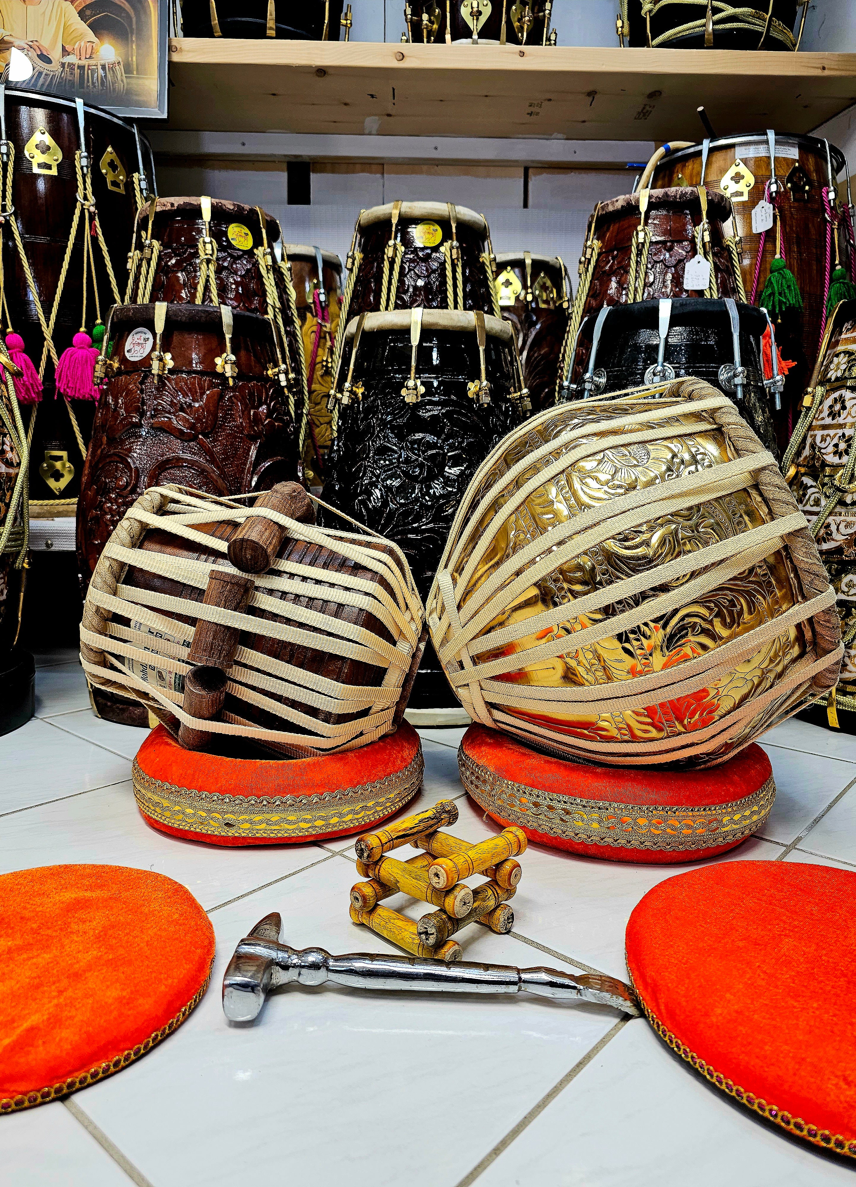 Golden Melody Iqbal Nylon Strapped Tabla Set - 5.75" D Red Sheesham Dayan and 9.25" Golden Brass Bayan