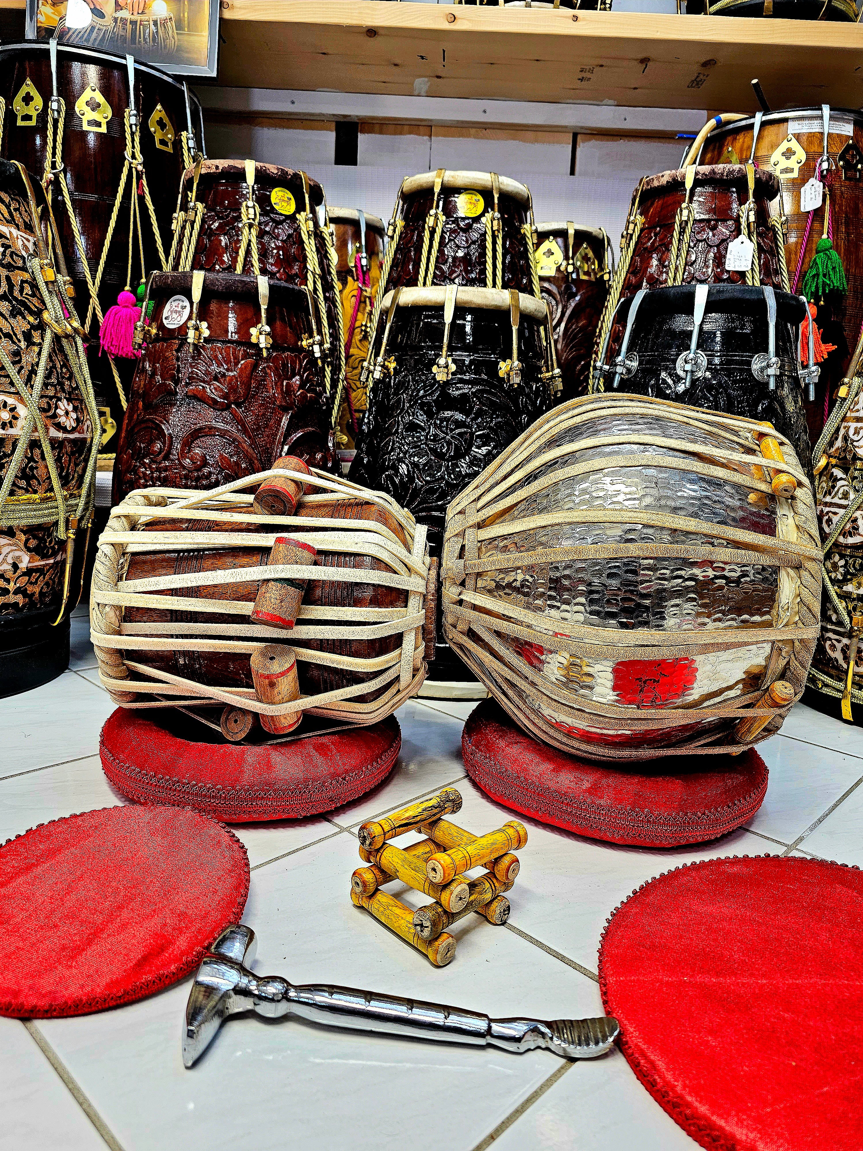 Artisanal Echo Tabla Set - 5.75" D# Red Sheesham Dayan and 9.25" Hammer Dented Design Silver Copper Bharat Kakade Bayan