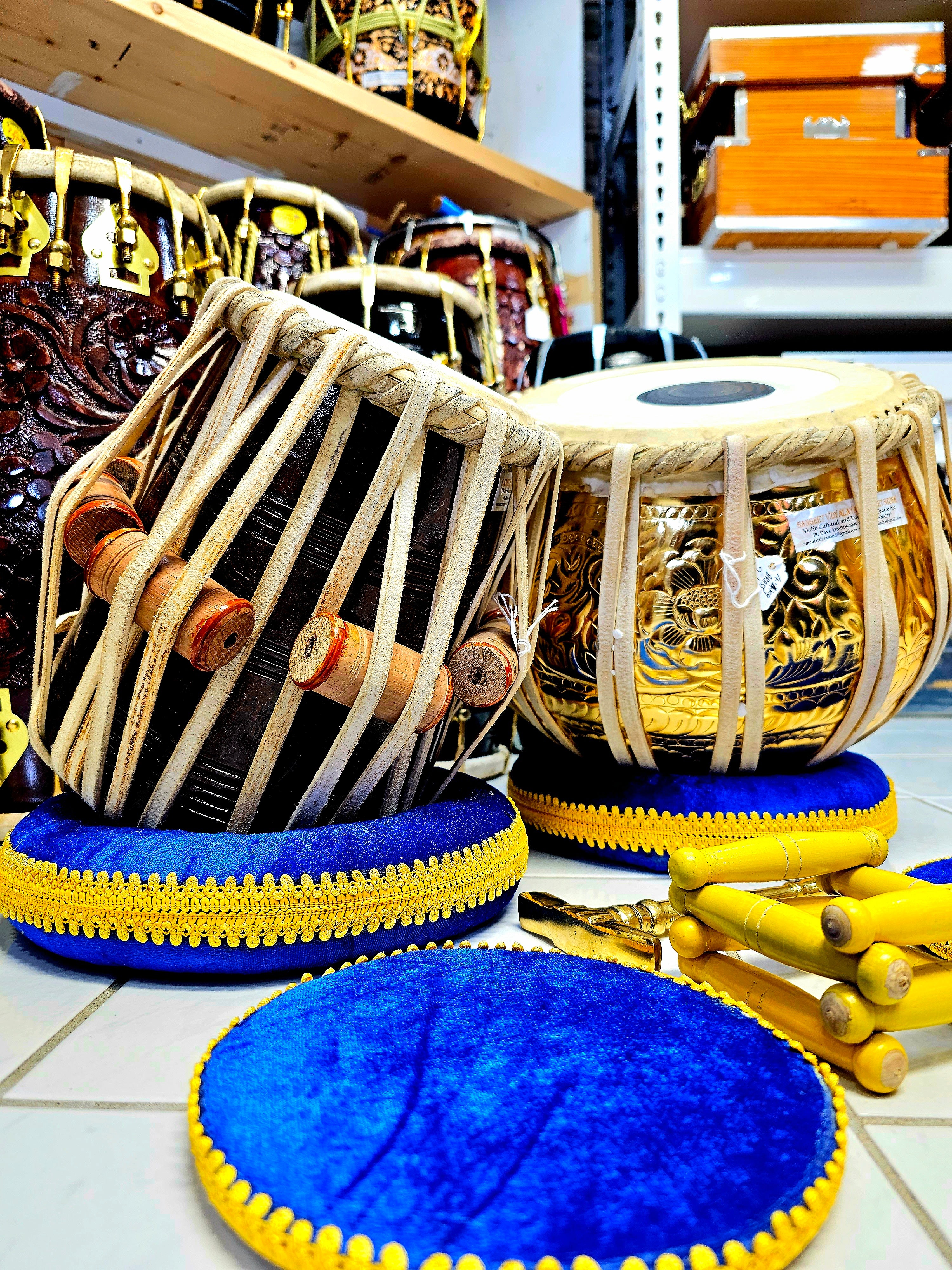 Harmony in Red Sheesham & Golden Brass: 5.25" E Tabla Dayan + 9.25" Engraved Bayan Tabla Set