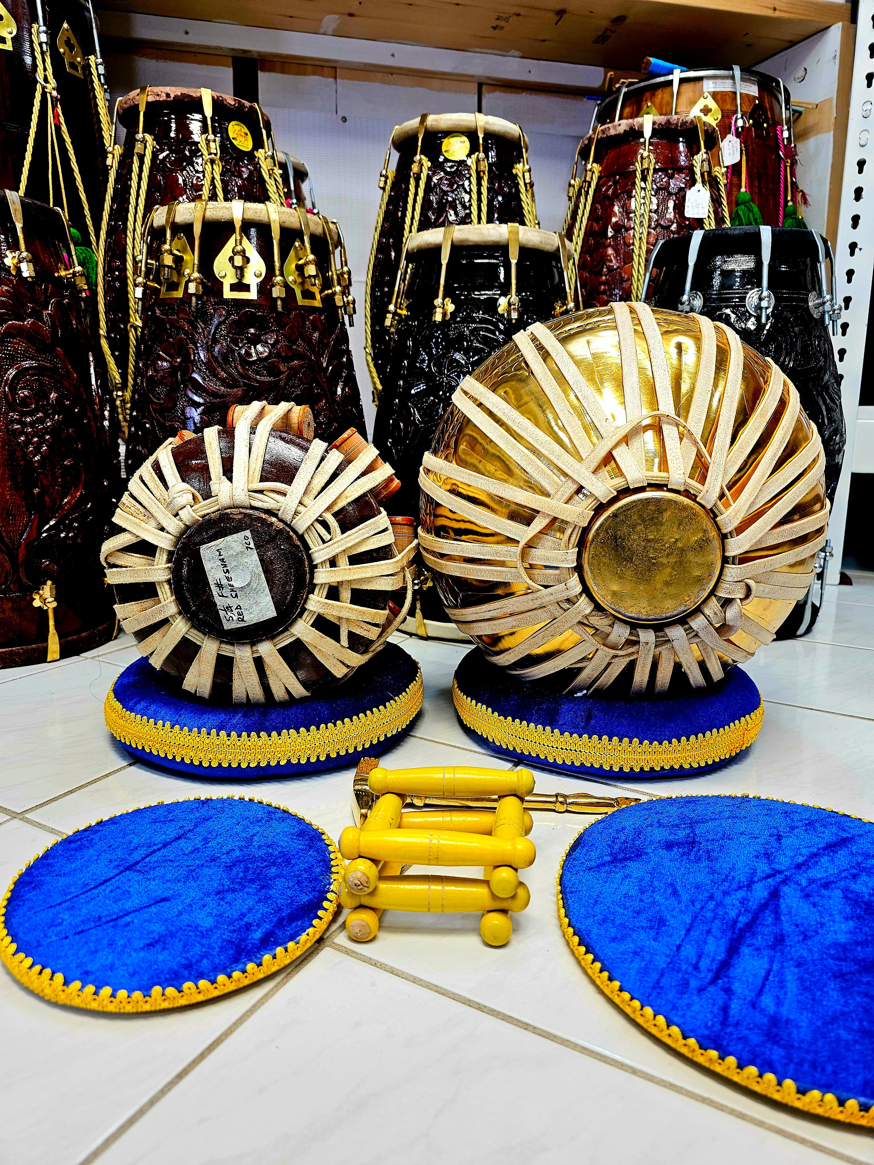 Harmony in Red Sheesham & Golden Brass: 5.25" E Tabla Dayan + 9.25" Engraved Bayan Tabla Set