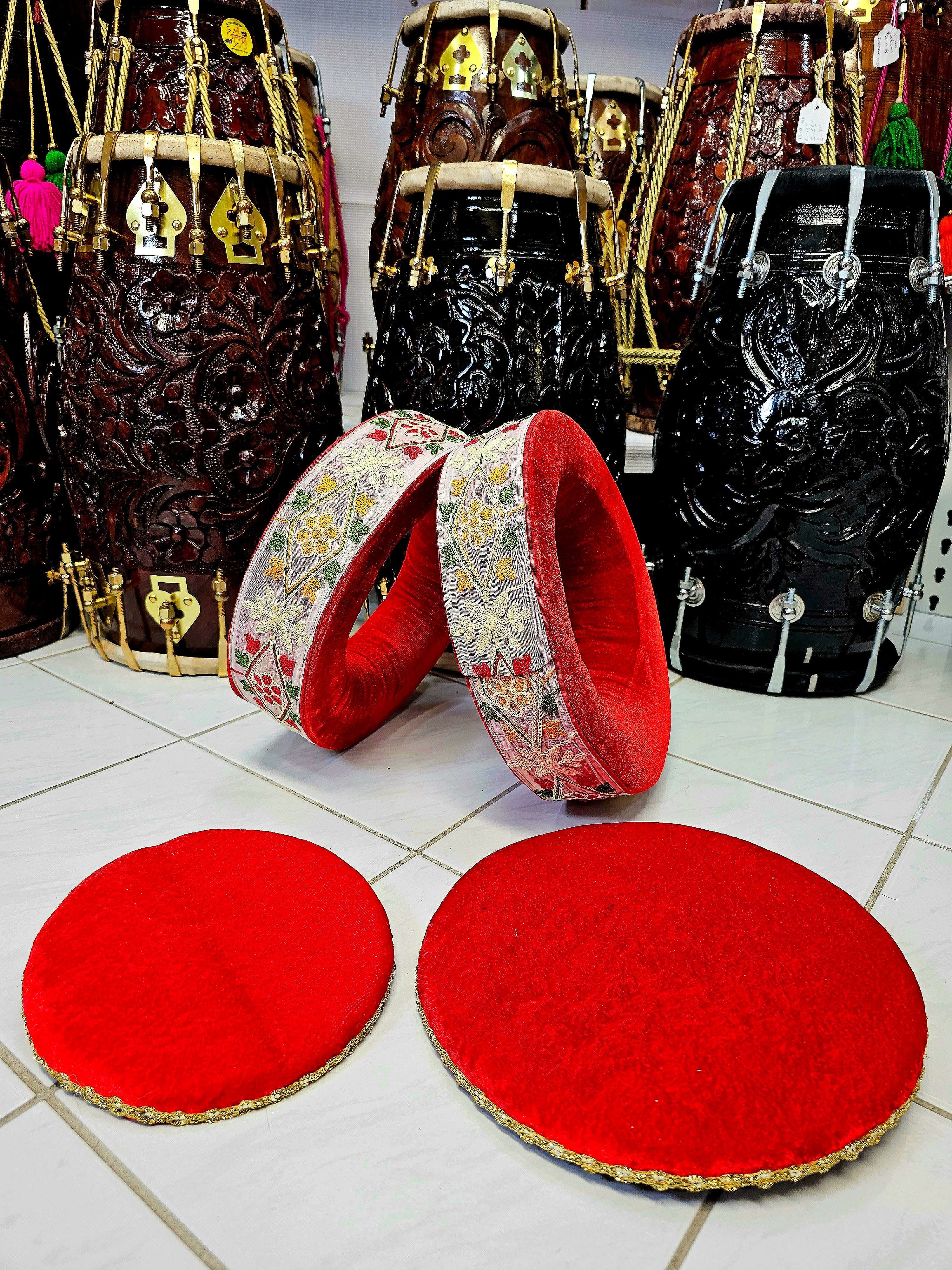 Artisanal Elegance: Premium Red Tabla Rings with Handcrafted Red, White, and Green Sewn Floral Design