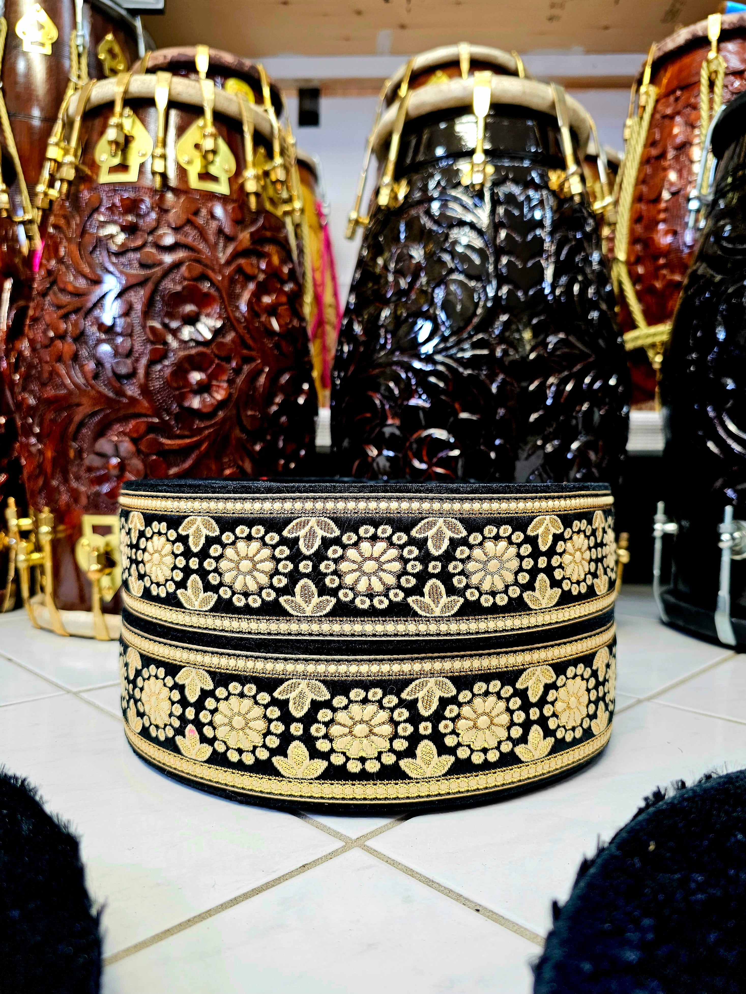Timeless Elegance: Black Premium Tabla Rings with Golden Simple Floral Motif