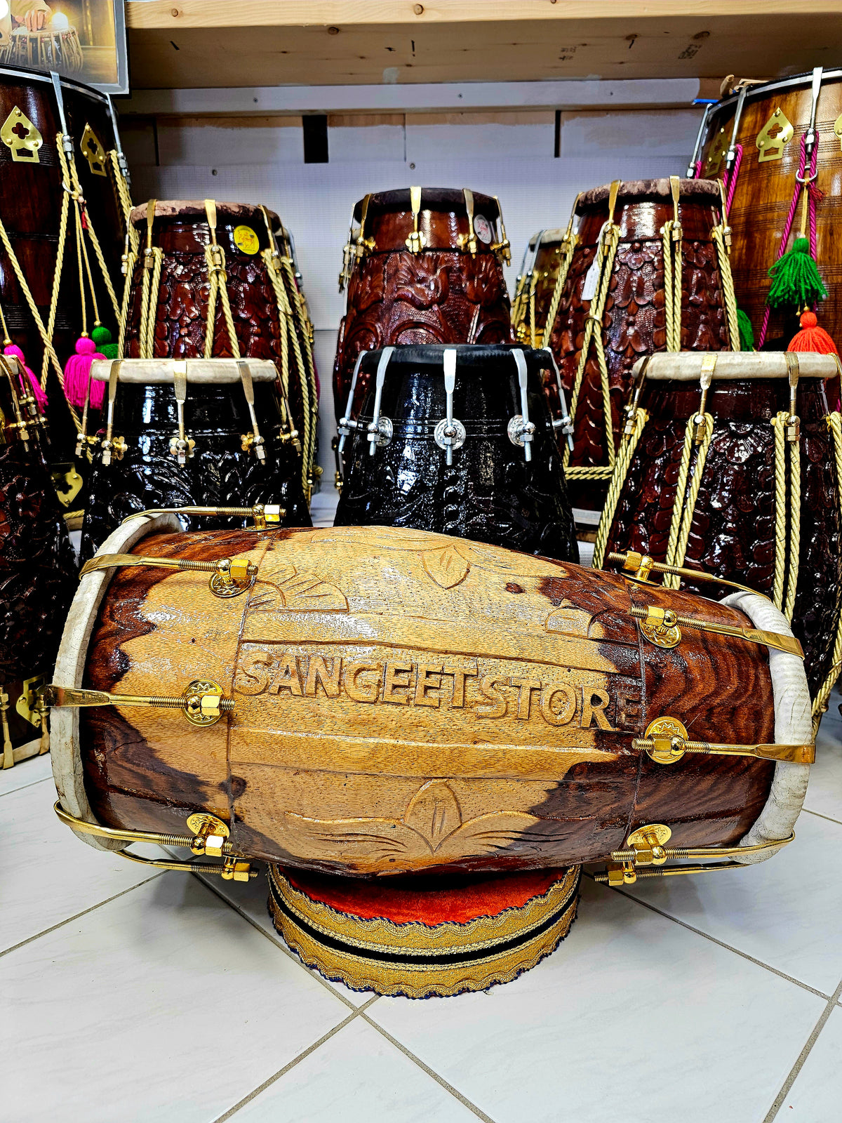 Sangeet Harmony 2-Tone Red Sheesham Engraved Dholak with Pure Brass Bolts