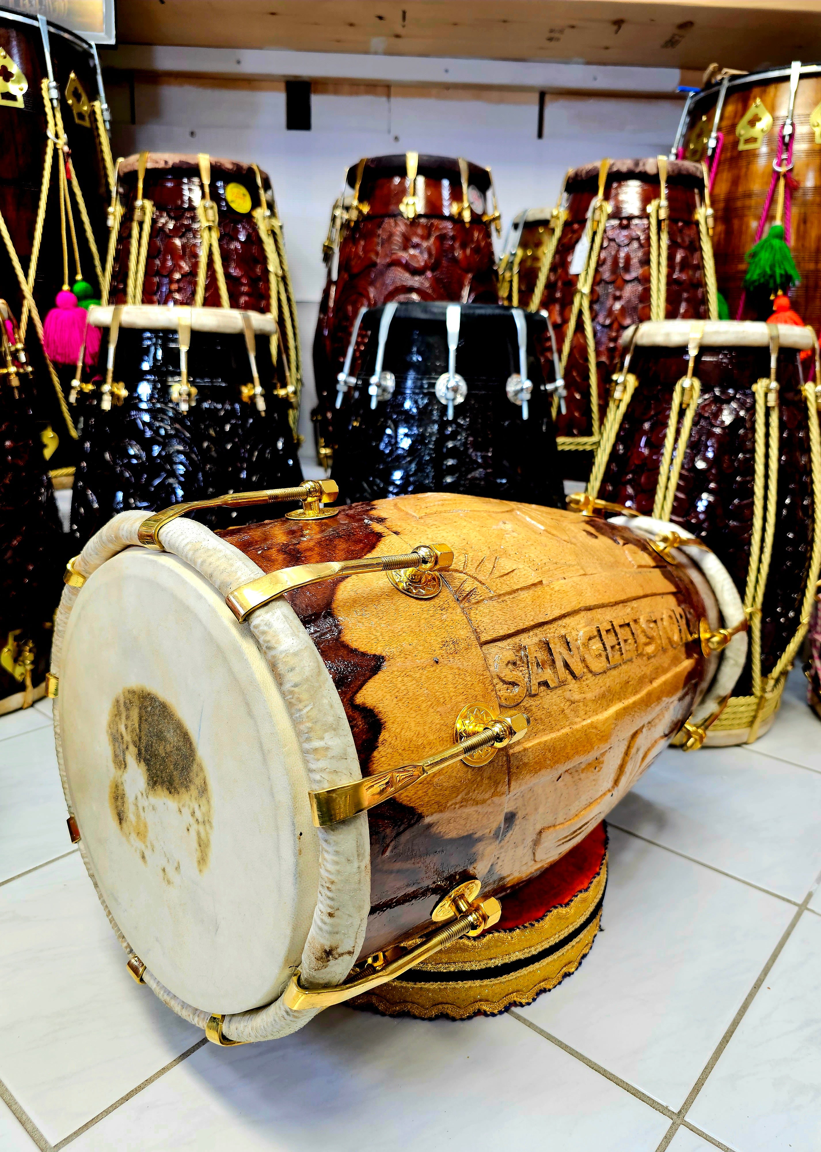 Sangeet Harmony 2-Tone Red Sheesham Engraved Dholak with Pure Brass Bolts