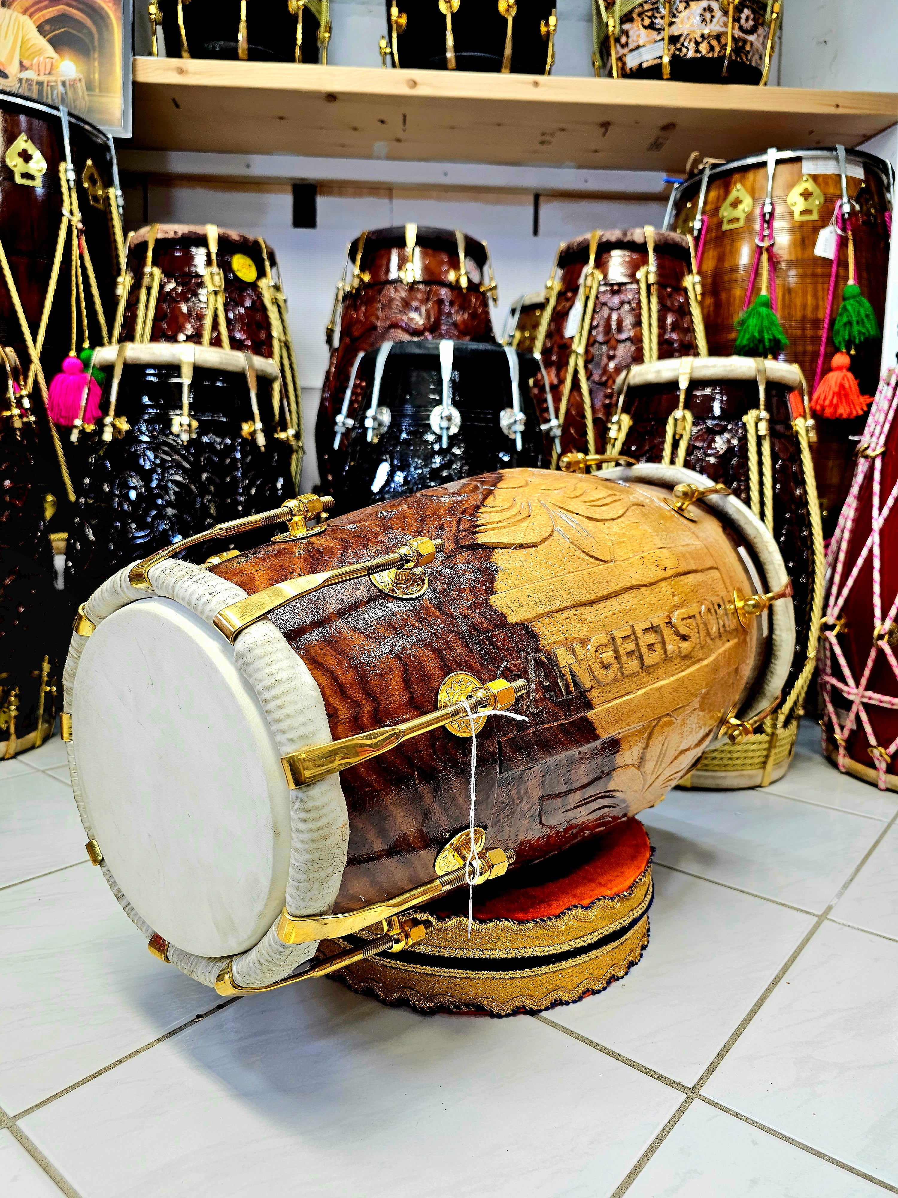 Sangeet Harmony 2-Tone Red Sheesham Engraved Dholak with Pure Brass Bolts