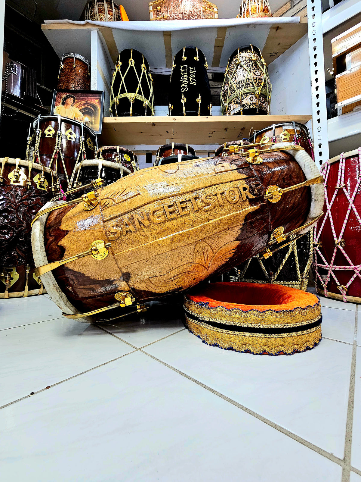 Sangeet Harmony 2-Tone Red Sheesham Engraved Dholak with Pure Brass Bolts