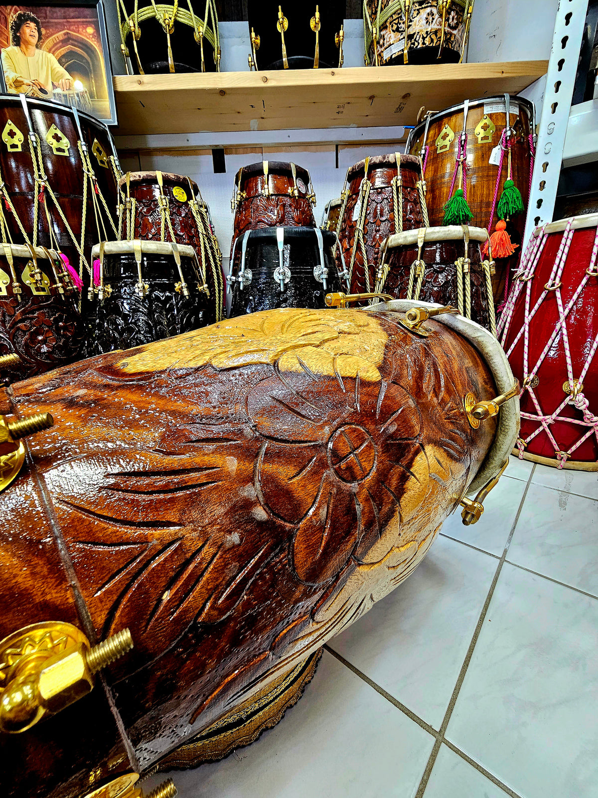 Sangeet Harmony 2-Tone Red Sheesham Engraved Dholak with Pure Brass Bolts