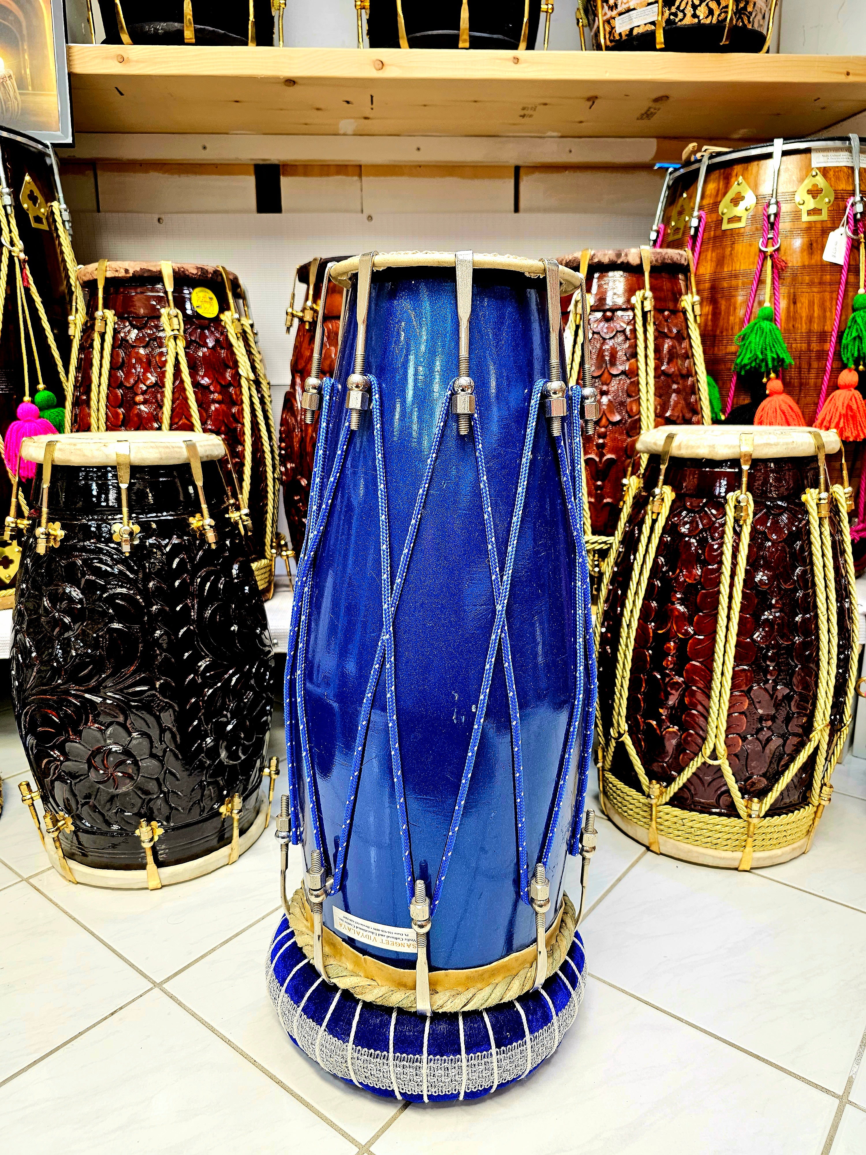 Azure Rhythms: Hand-Painted Mango Wood Dholki with Blue Ropes Design *Minor Exterior Paint Blemishes**