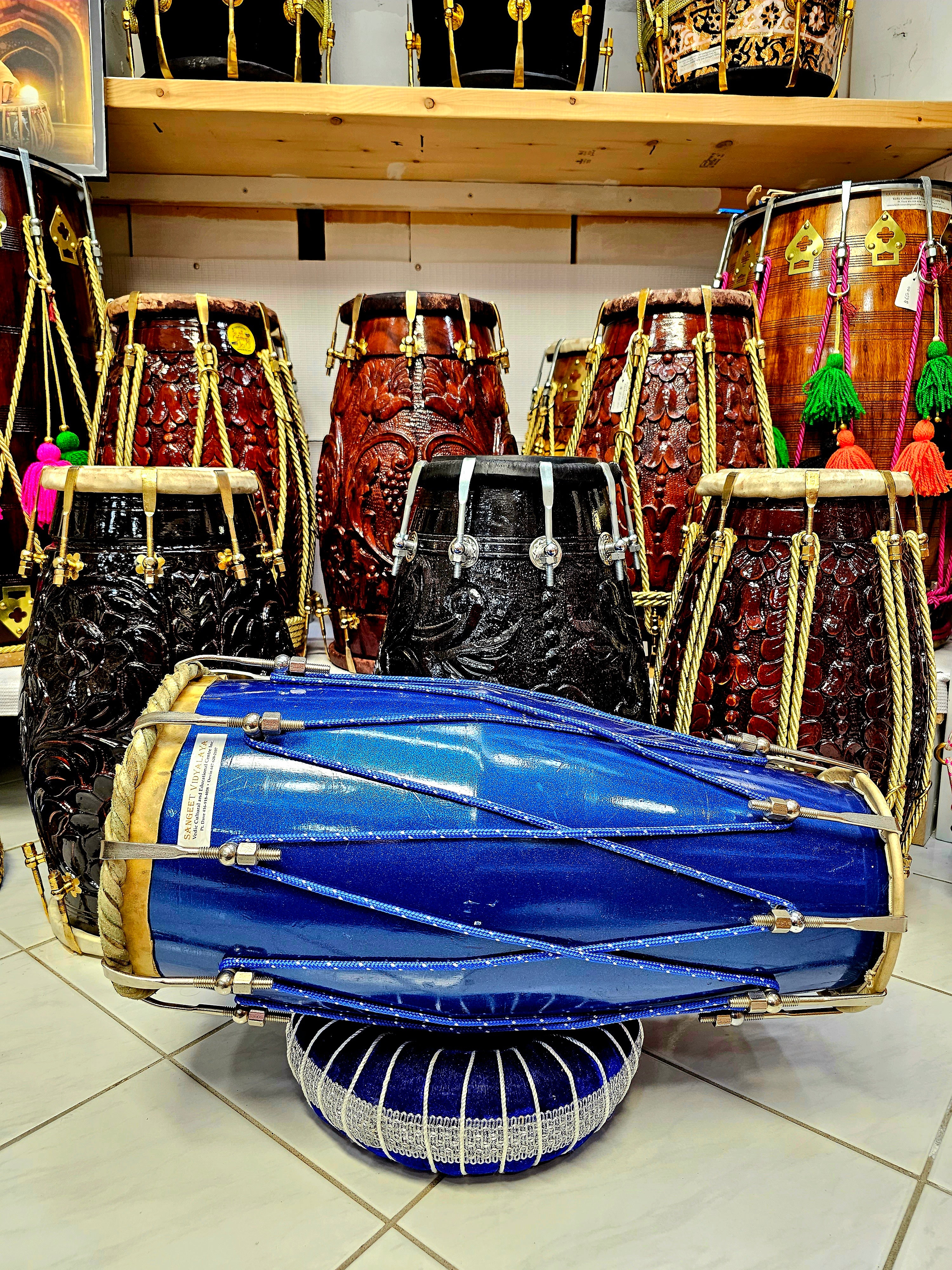 Azure Rhythms: Hand-Painted Mango Wood Dholki with Blue Ropes Design *Minor Exterior Paint Blemishes**