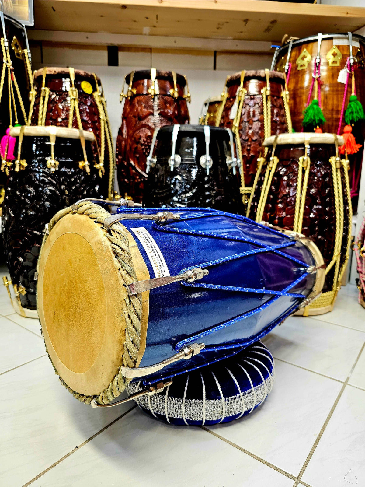 Azure Rhythms: Hand-Painted Mango Wood Dholki with Blue Ropes Design *Minor Exterior Paint Blemishes**