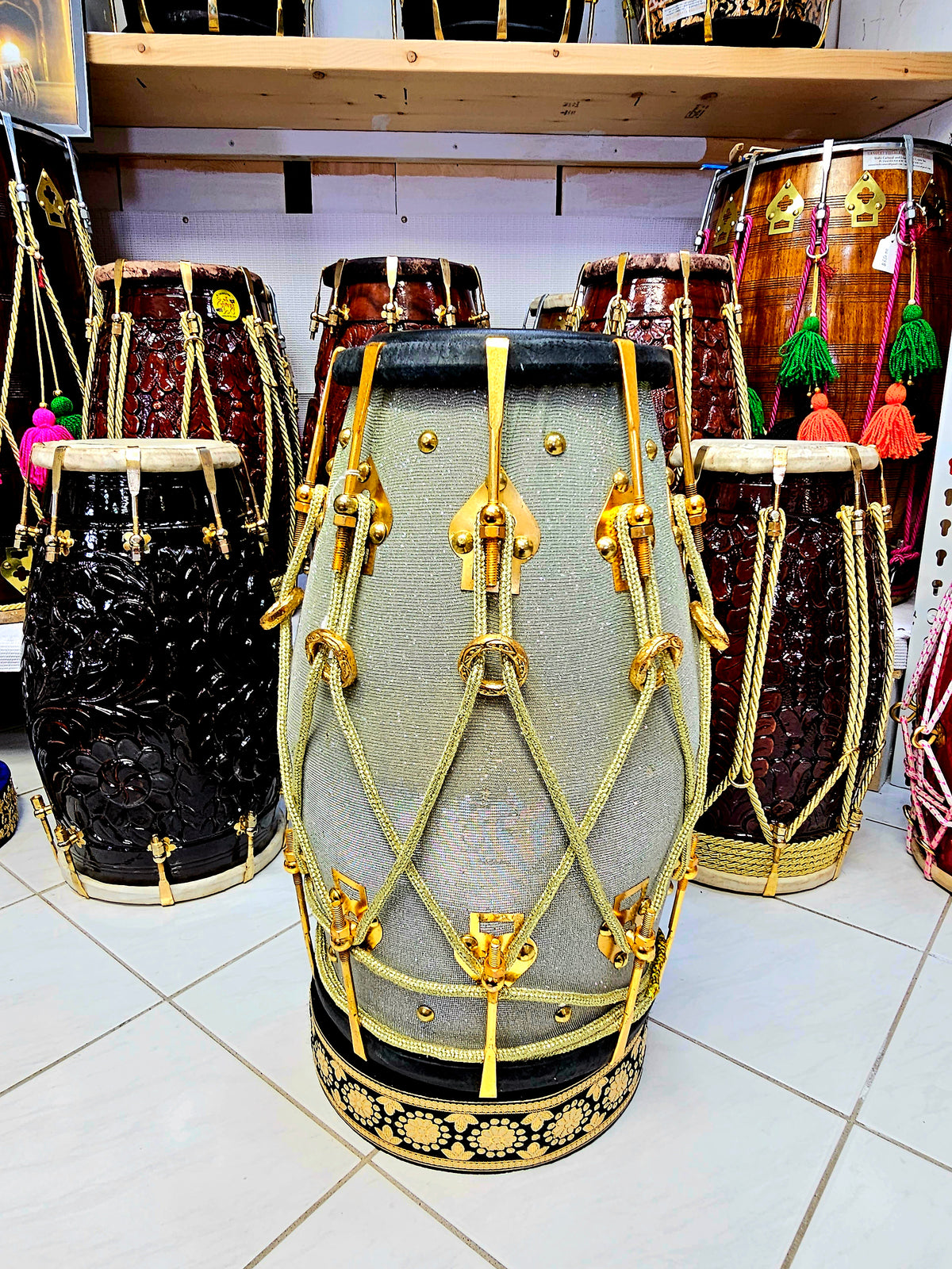 Radiant Rhythms: Sparkly Sherwani Wrapped Red Sheesham Dholak with Golden Brass Bolts and Black Pudis (Minor Fabric Rip Defects)