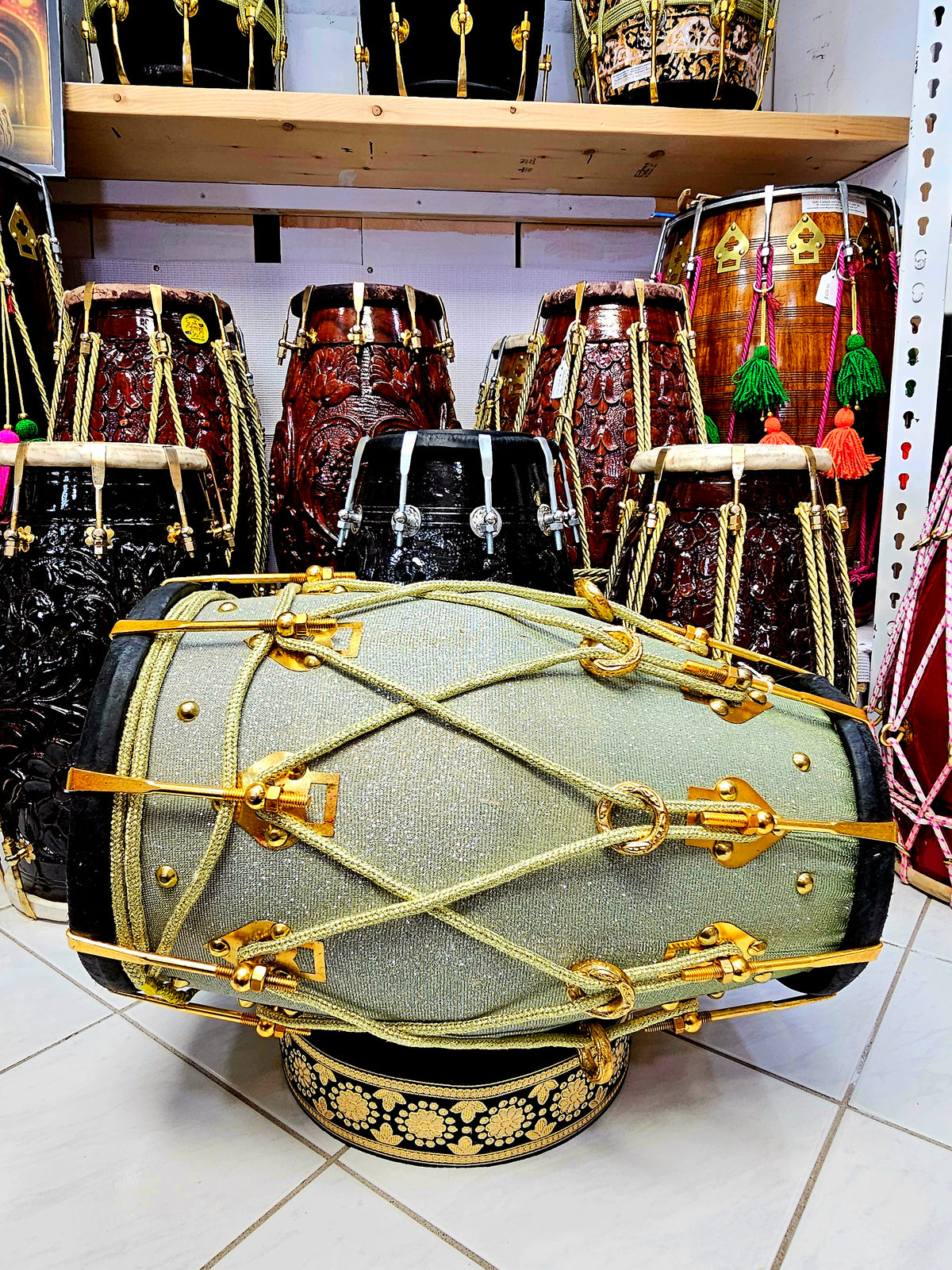 Radiant Rhythms: Sparkly Sherwani Wrapped Red Sheesham Dholak with Golden Brass Bolts and Black Pudis (Minor Fabric Rip Defects)