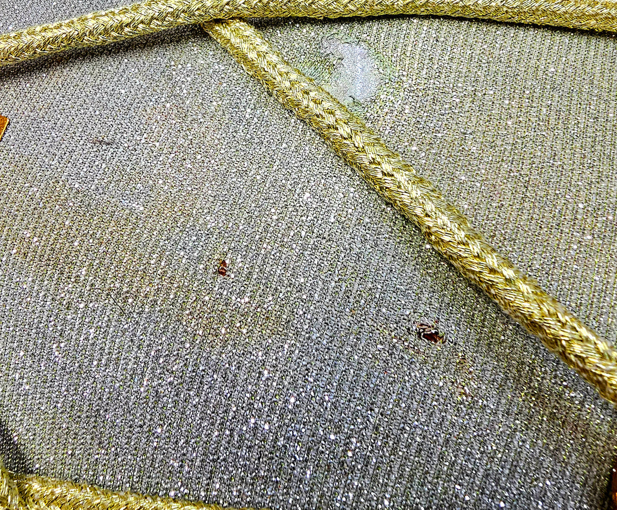 Radiant Rhythms: Sparkly Sherwani Wrapped Red Sheesham Dholak with Golden Brass Bolts and Black Pudis (Minor Fabric Rip Defects)