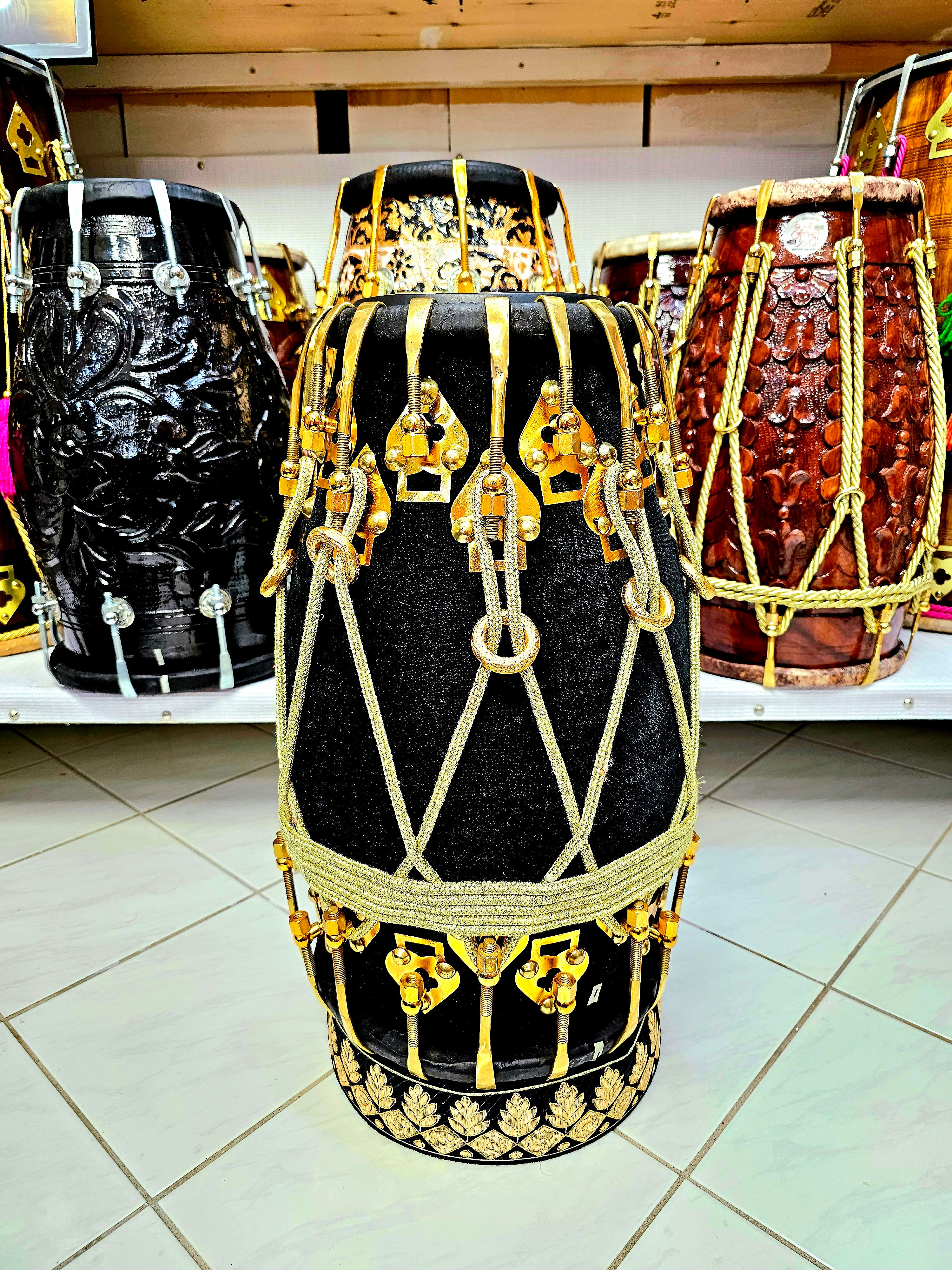 Velvet Elegance: Exotic Black Dholak with 36 Golden  Pure Brass Bolts and Black Pudis