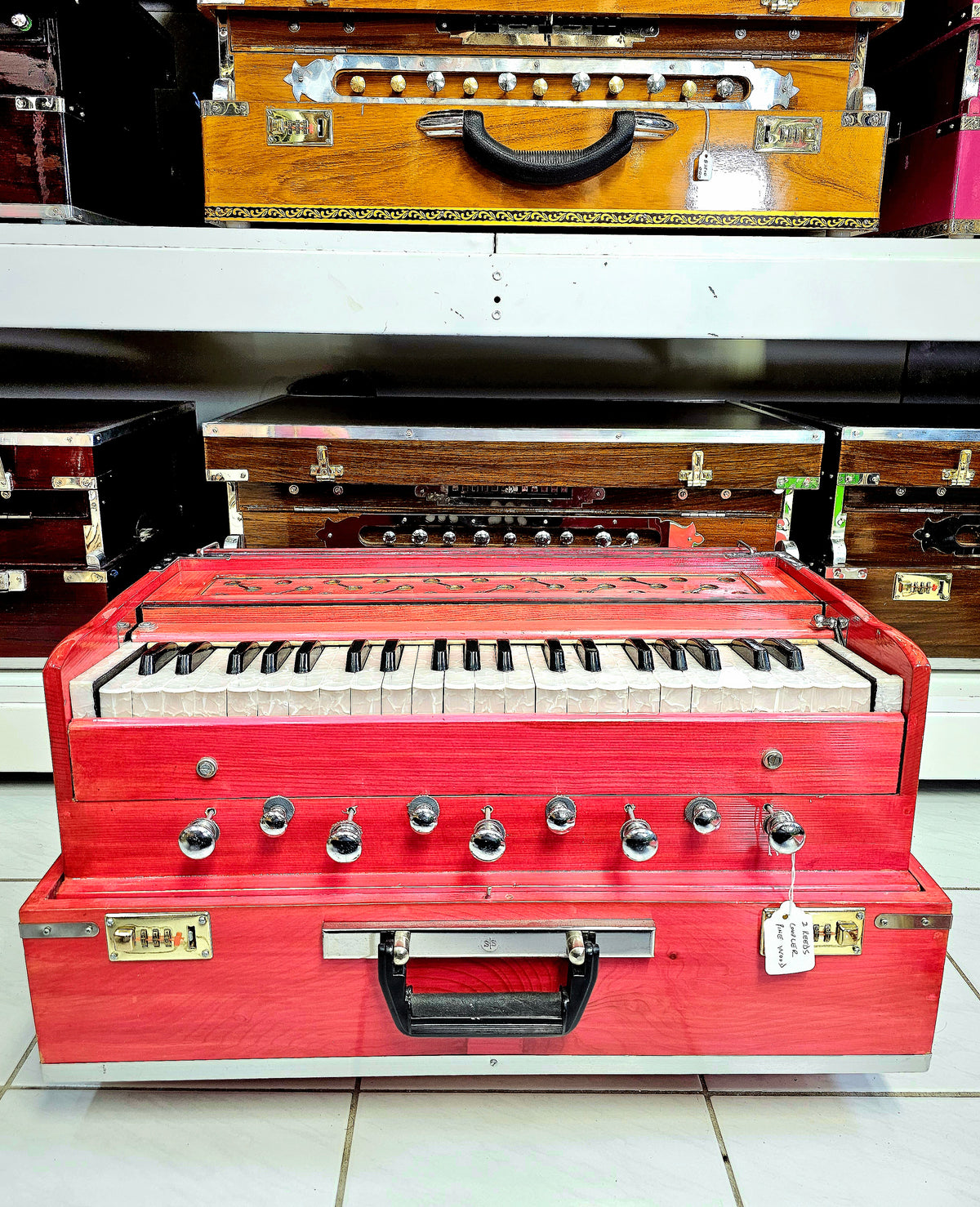 Melodic Resurgence: Refurbished Pink 2-Reed Pine Wood Traveller Harmonium (No Coupler)