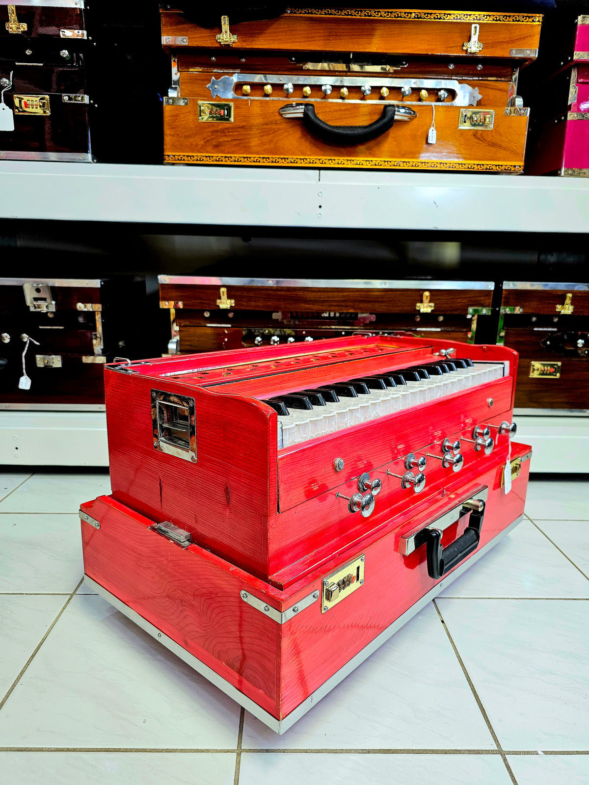 Melodic Resurgence: Refurbished Pink 2-Reed Pine Wood Traveller Harmonium (No Coupler)