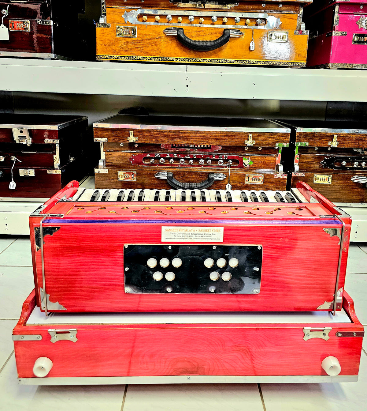Melodic Resurgence: Refurbished Pink 2-Reed Pine Wood Traveller Harmonium (No Coupler)