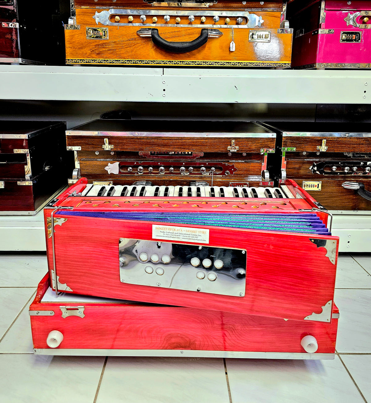 Melodic Resurgence: Refurbished Pink 2-Reed Pine Wood Traveller Harmonium (No Coupler)