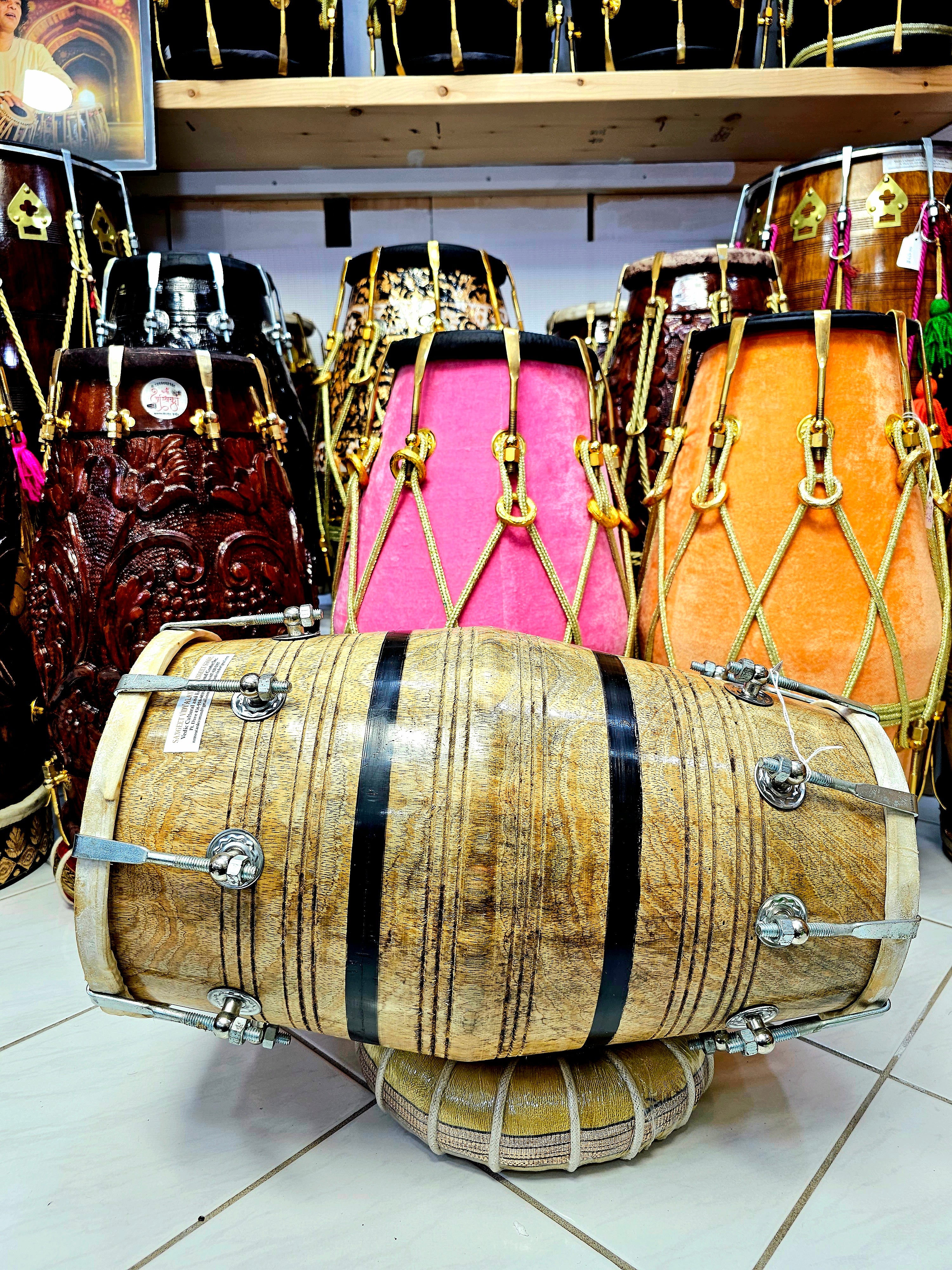 Melodic Roots: Traditional Mango Wood Student Quality Dholak with Chrome Bolts and Dual Handles (BLACK FRIDAY SALE!)