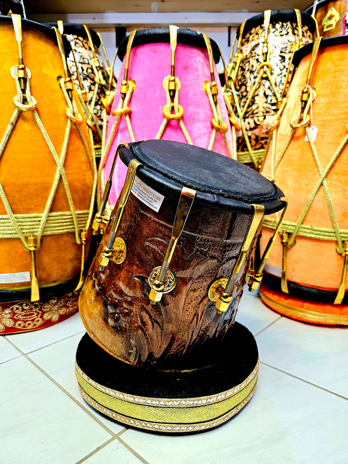 Golden Echoes: 11.25" tall, 6.5" Red Sheesham Half-Dholak with Black Skin and Golden Pure Brass Bolts