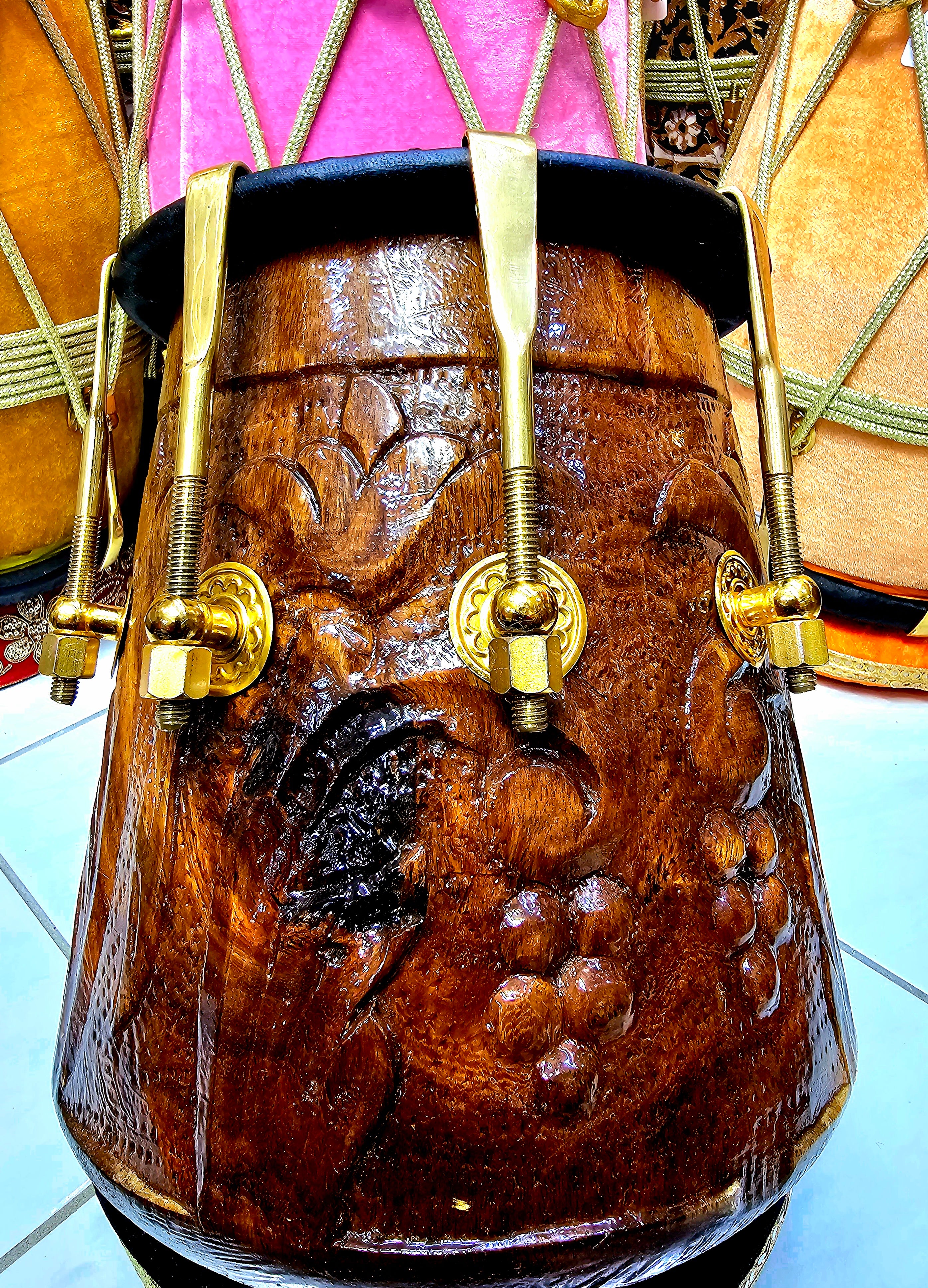 Golden Echoes: 11.25" tall, 6.5" Red Sheesham Half-Dholak with Black Skin and Golden Pure Brass Bolts