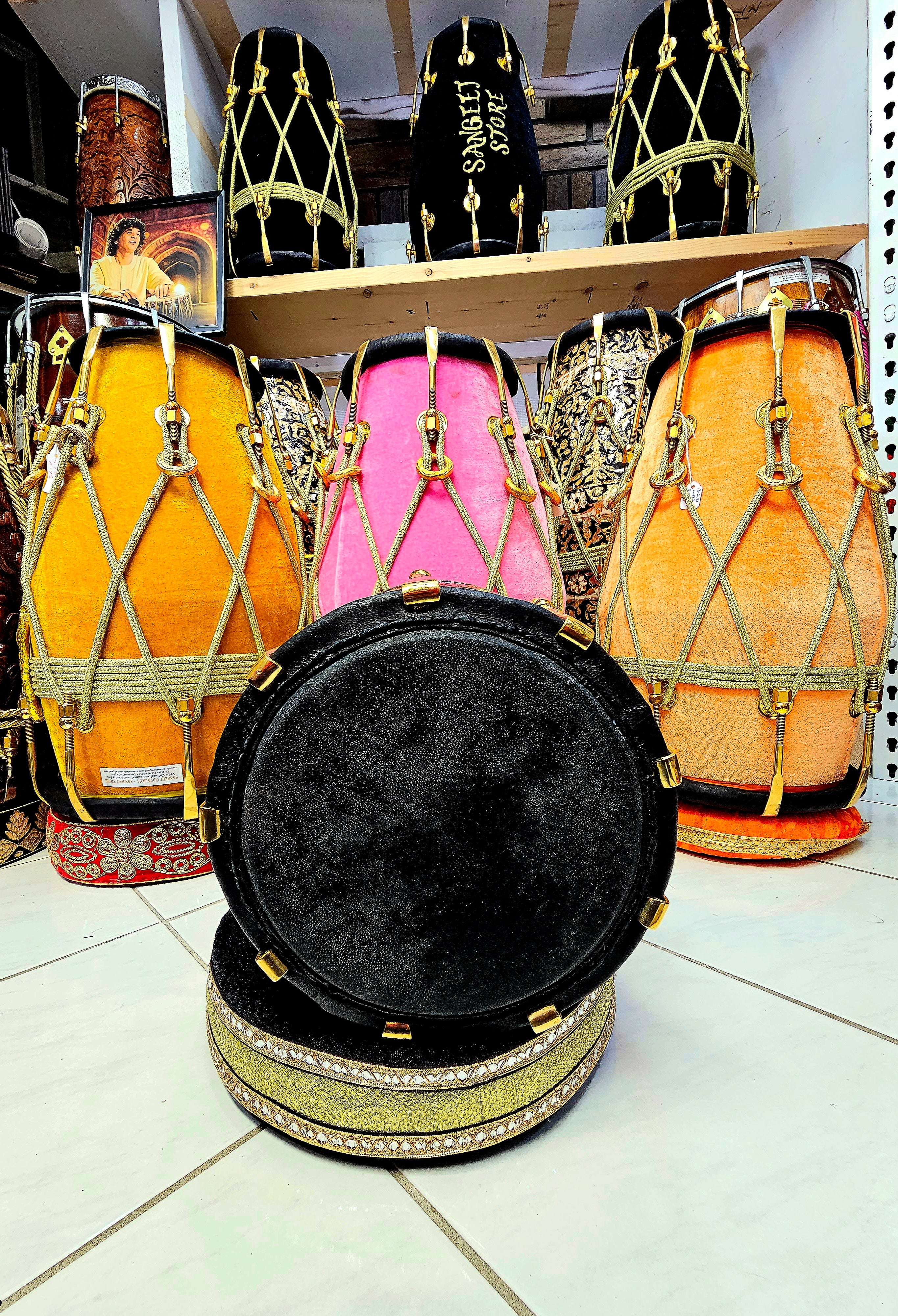 Golden Echoes: 11.25" tall, 6.5" Red Sheesham Half-Dholak with Black Skin and Golden Pure Brass Bolts