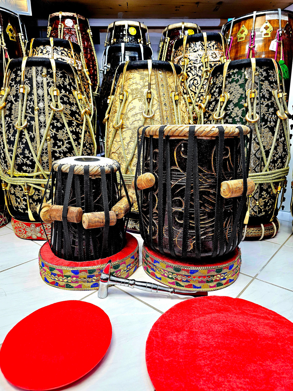 Resonant Rhythms™ Red Sheesham 5" E/F Encarved Dayan + 8.75" Encarved Dhamma Tabla Set *Very Slight Buzzing Sound*