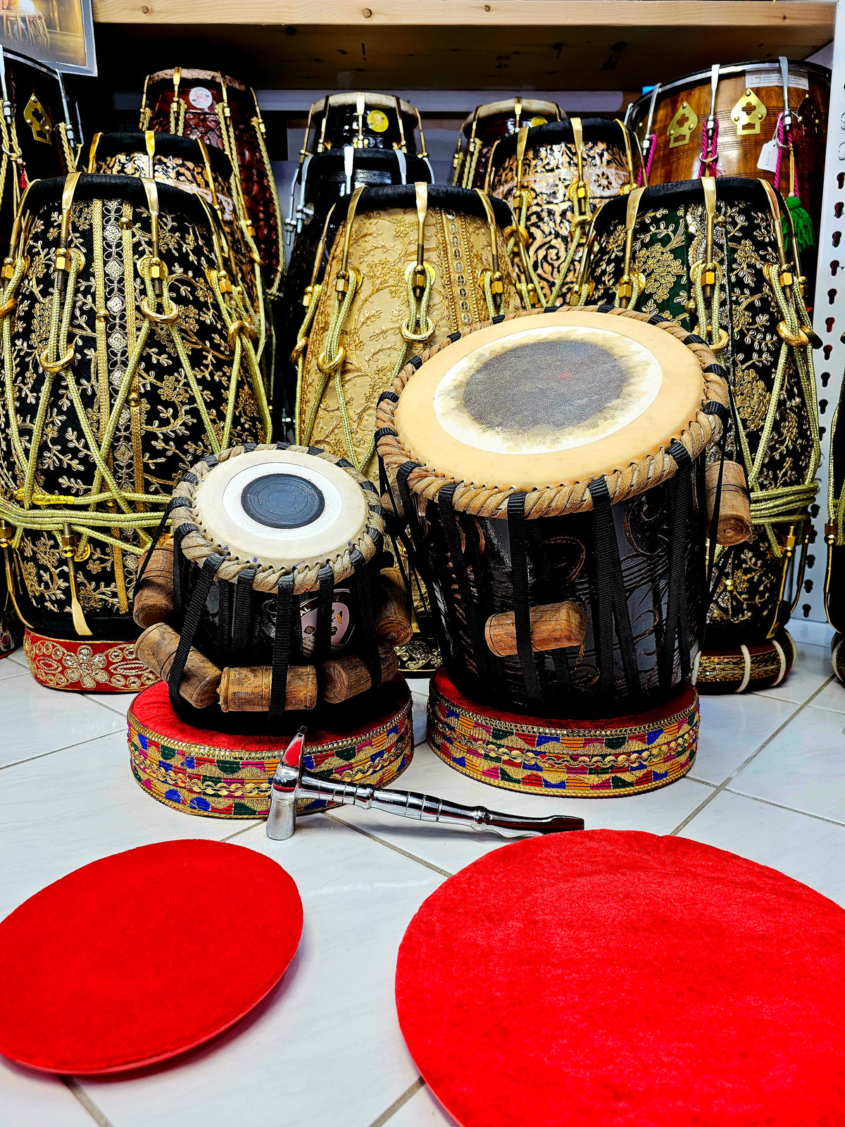 Resonant Rhythms™ Red Sheesham 5" E/F Encarved Dayan + 8.75" Encarved Dhamma Tabla Set *Very Slight Buzzing Sound*