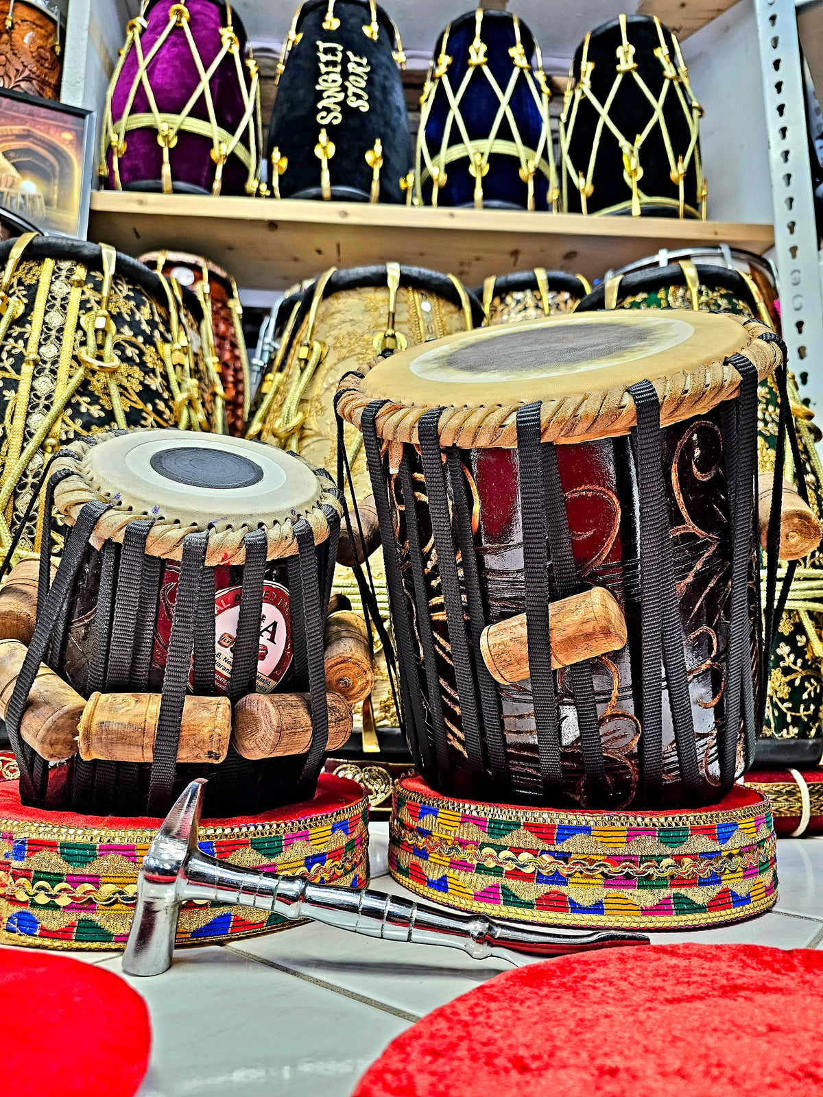 Resonant Rhythms™ Red Sheesham 5" E/F Encarved Dayan + 8.75" Encarved Dhamma Tabla Set *Very Slight Buzzing Sound*