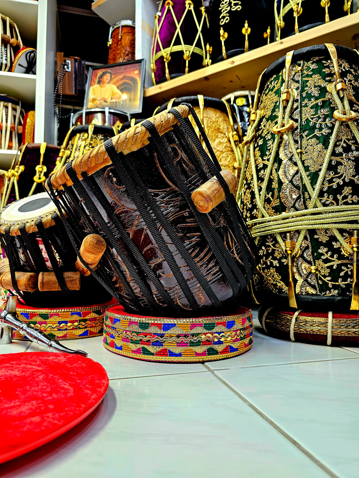 Resonant Rhythms™ Red Sheesham 5" E/F Encarved Dayan + 8.75" Encarved Dhamma Tabla Set *Very Slight Buzzing Sound*