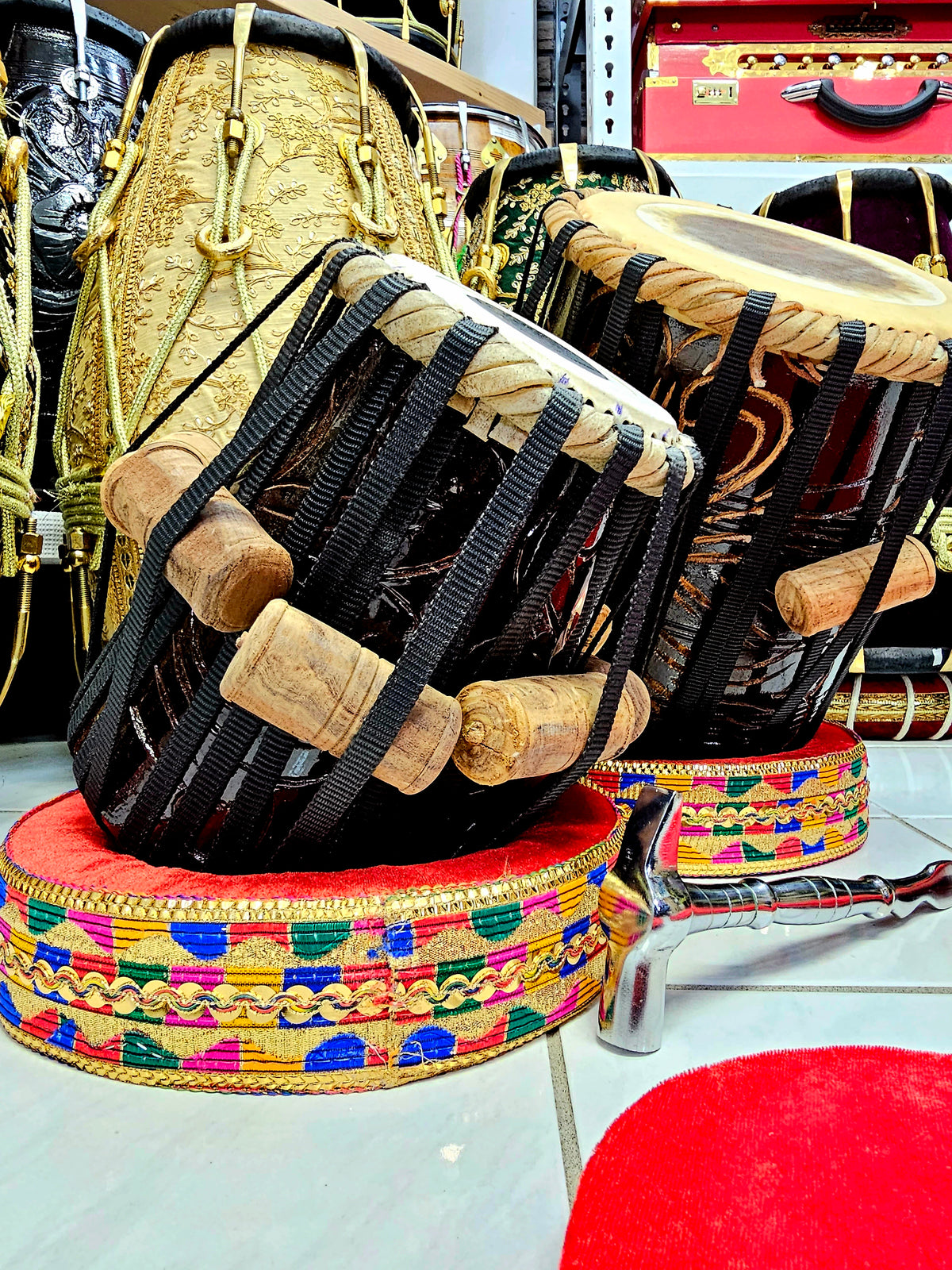 Resonant Rhythms™ Red Sheesham 5" E/F Encarved Dayan + 8.75" Encarved Dhamma Tabla Set *Very Slight Buzzing Sound*