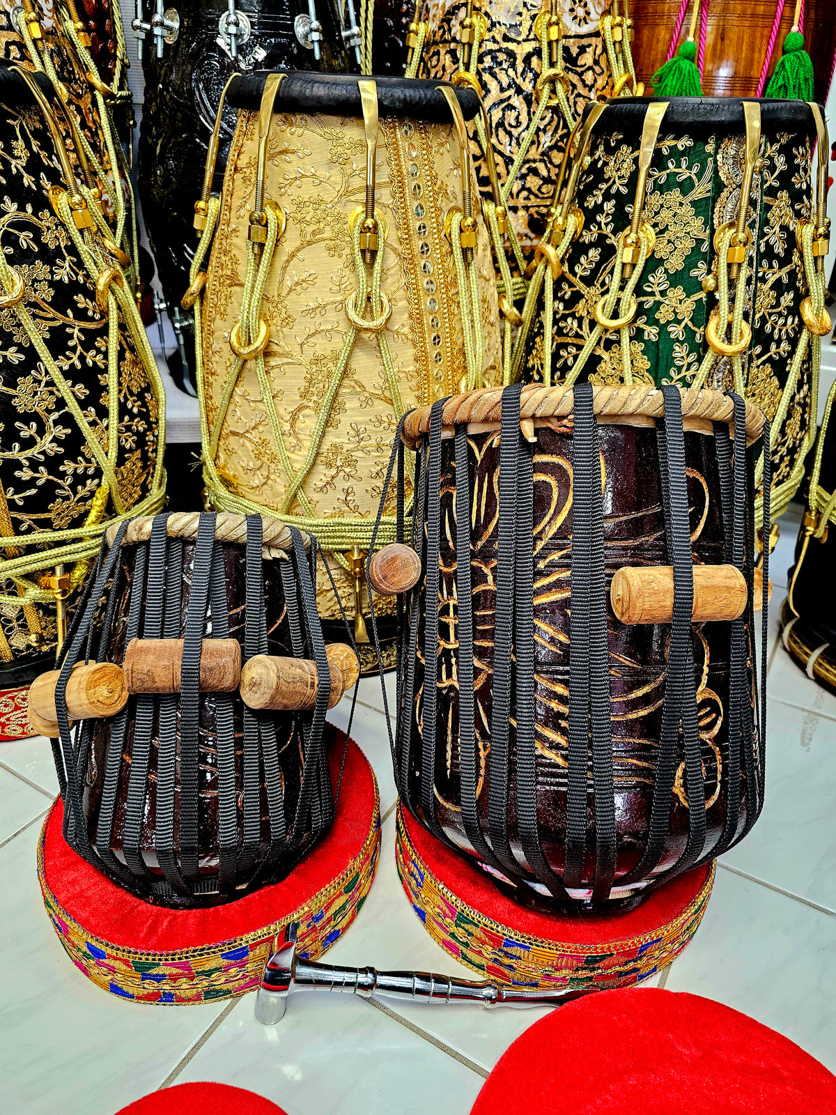 Resonant Rhythms™ Red Sheesham 5" E/F Encarved Dayan + 8.75" Encarved Dhamma Tabla Set *Very Slight Buzzing Sound*
