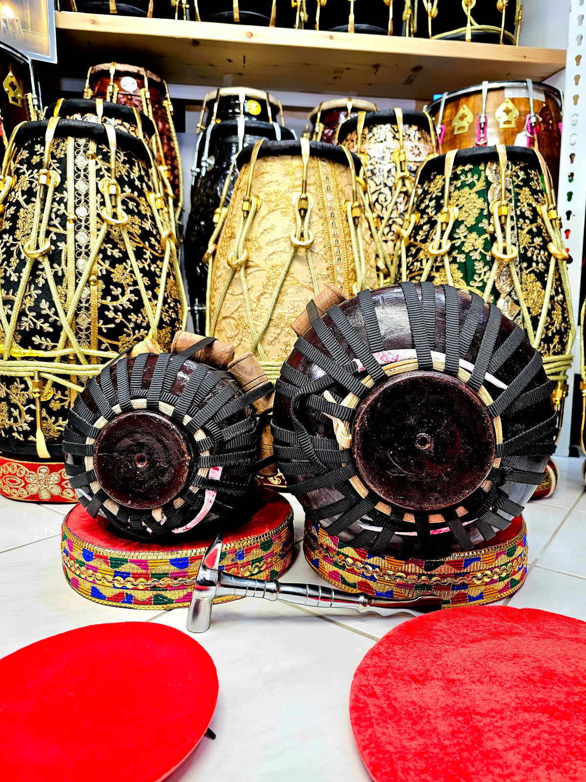 Resonant Rhythms™ Red Sheesham 5" E/F Encarved Dayan + 8.75" Encarved Dhamma Tabla Set *Very Slight Buzzing Sound*