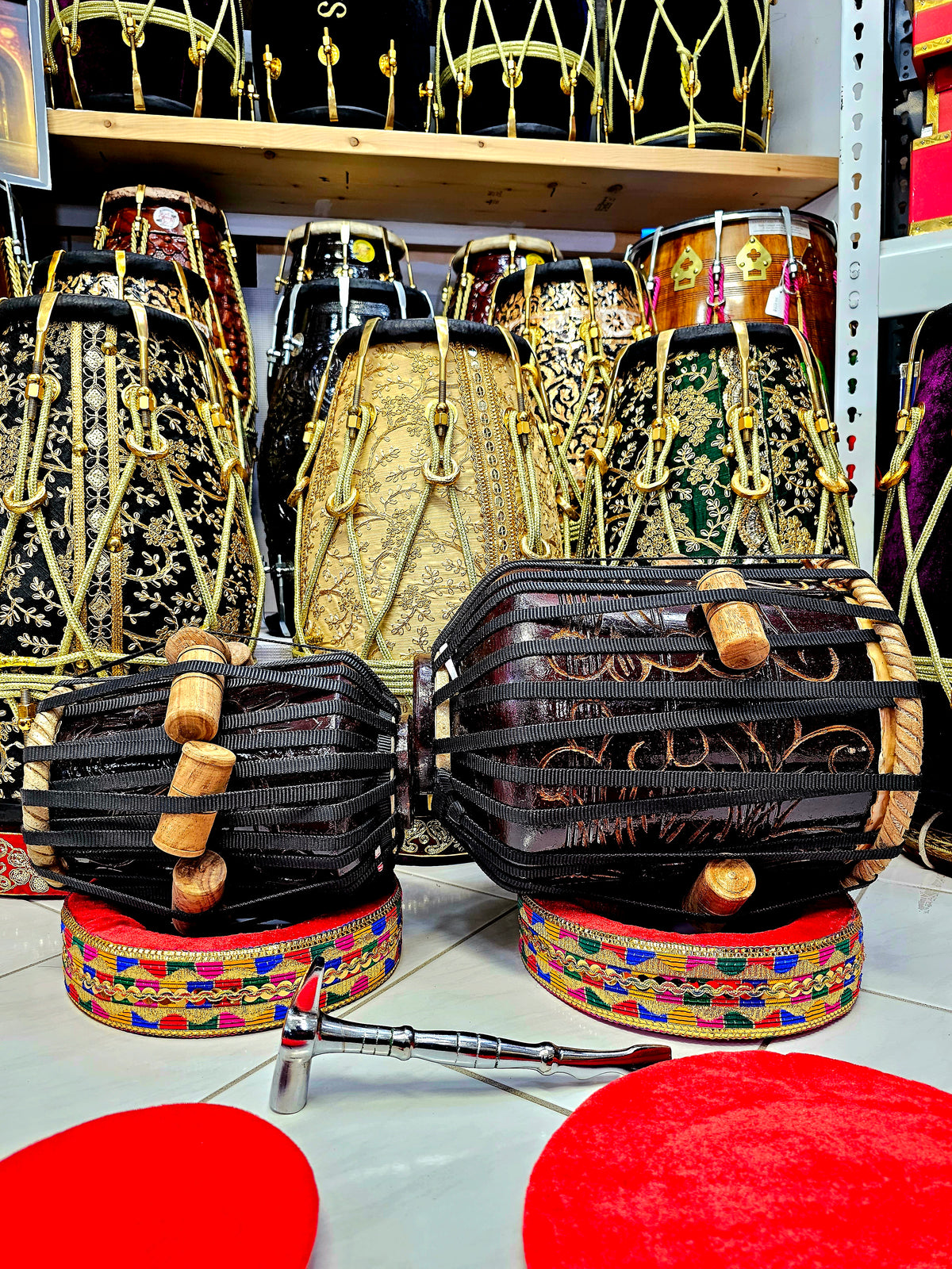 Resonant Rhythms™ Red Sheesham 5" E/F Encarved Dayan + 8.75" Encarved Dhamma Tabla Set *Very Slight Buzzing Sound*