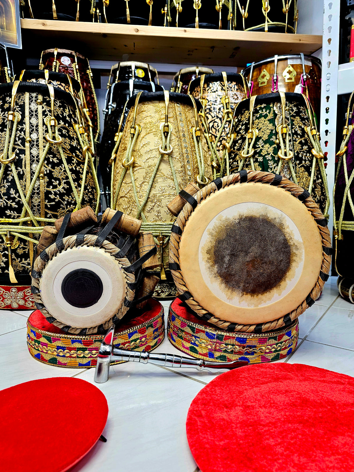 Resonant Rhythms™ Red Sheesham 5" E/F Encarved Dayan + 8.75" Encarved Dhamma Tabla Set *Very Slight Buzzing Sound*