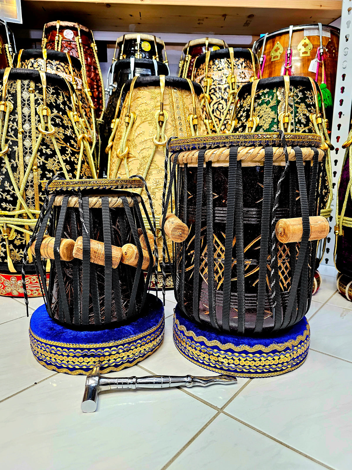 Harmonious Echoes: 5" E/F Encarved Red Sheesham Dayan + 9" Encarved Red Sheesham Dhamma Tabla Set - With Very Slight Buzz Defect