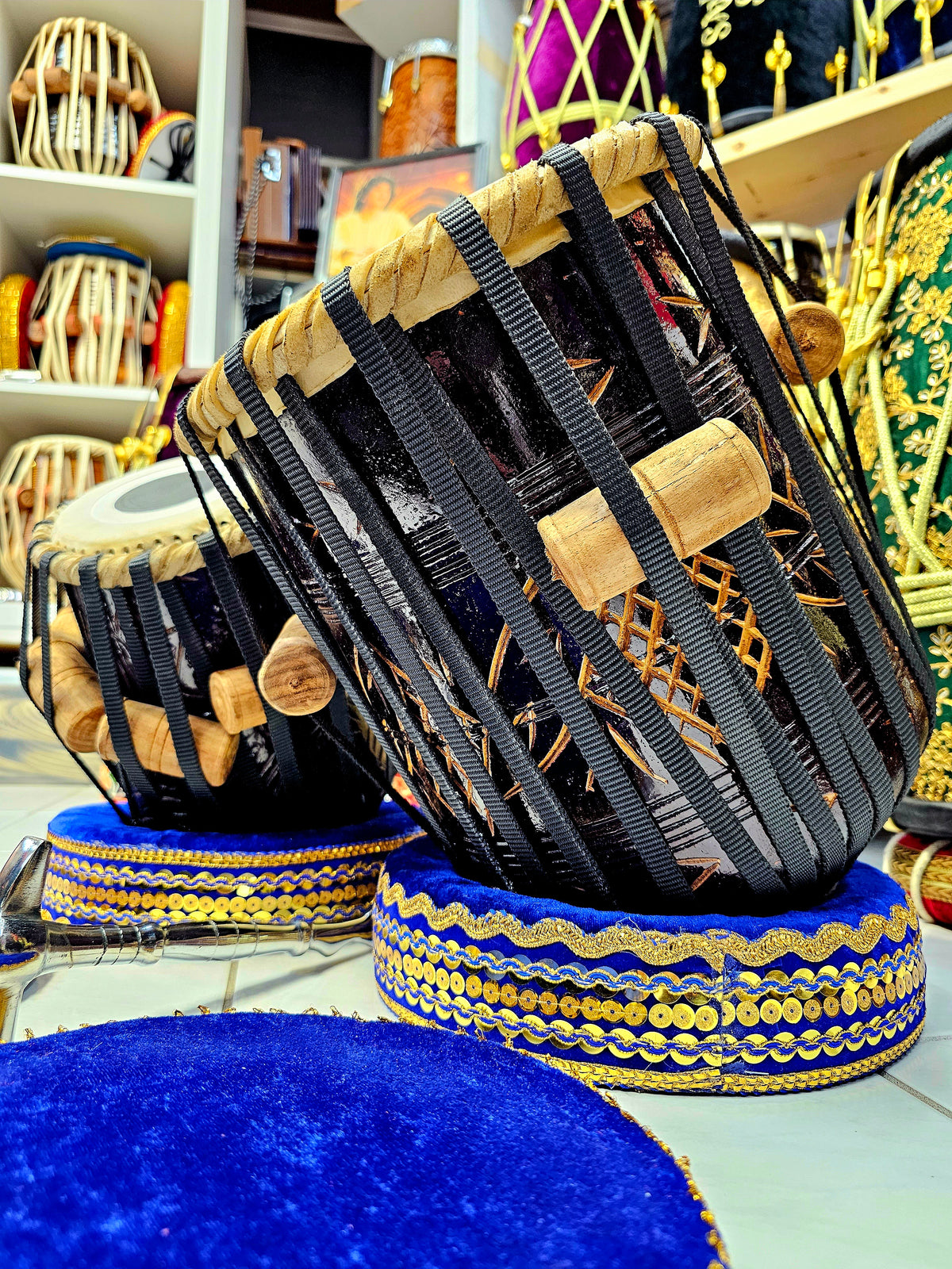 Harmonious Echoes: 5" E/F Encarved Red Sheesham Dayan + 9" Encarved Red Sheesham Dhamma Tabla Set - With Very Slight Buzz Defect