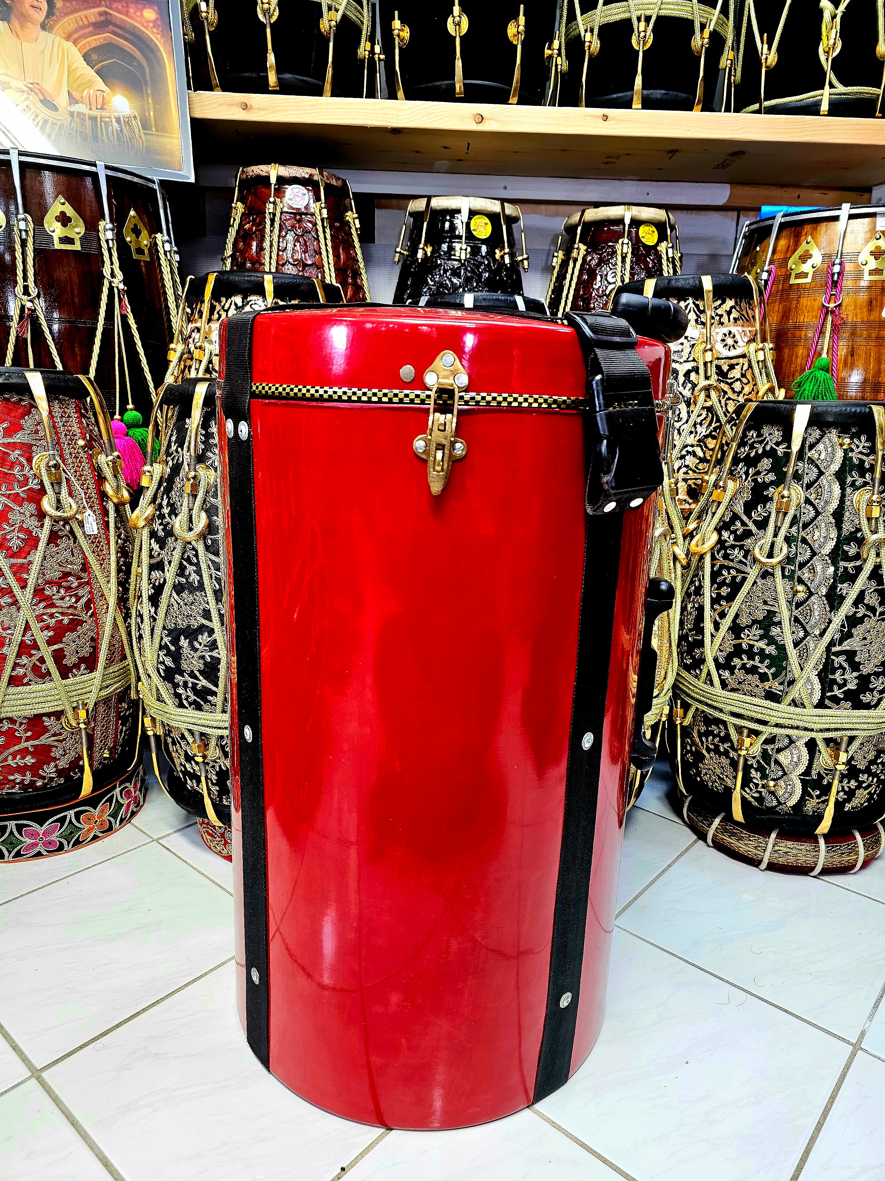 Resilient Red Vertical Dholak Case with Enhanced Security and Character *Minor Cosmetic Defects*