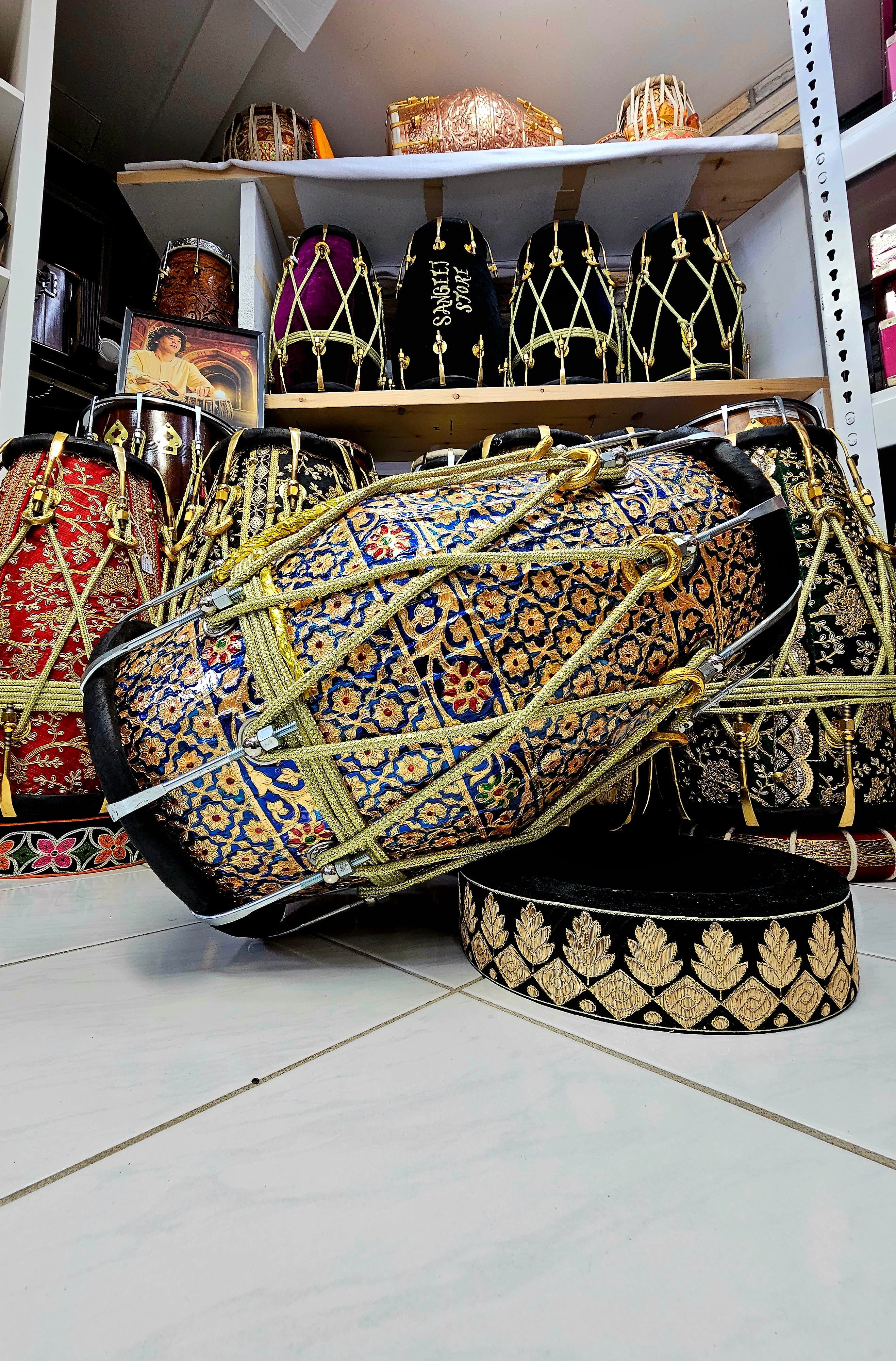 Harmony in Hues: Blue and Gold Designer Wrapped Red Sheesham Dholak with Black Skins and Chrome Bolts (BLACK FRIDAY SALE!)