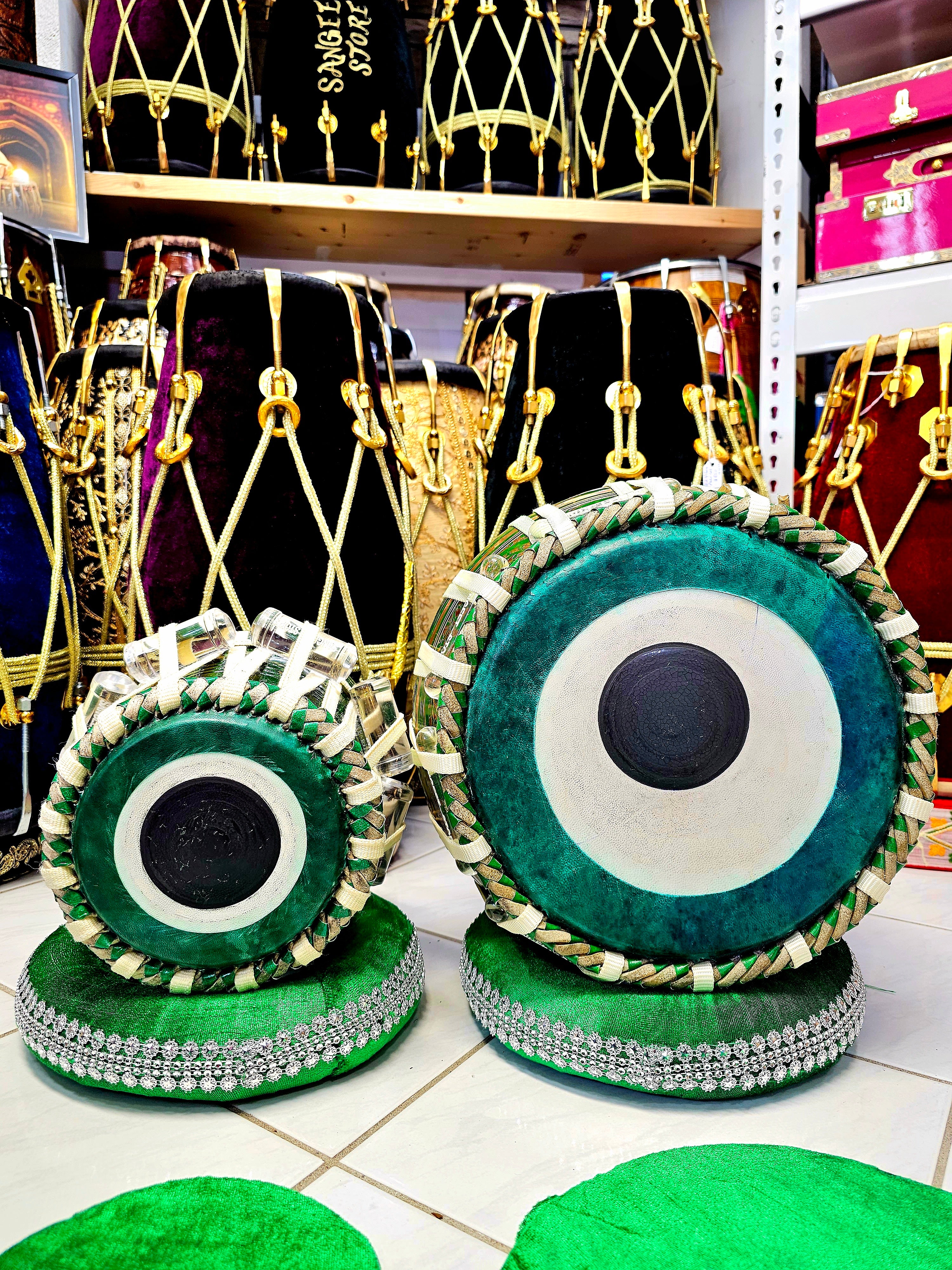 Emerald Echo: 5.5" C# Red Sheesham Dayan + 9.5" Copper Bayan Green Tabla Set