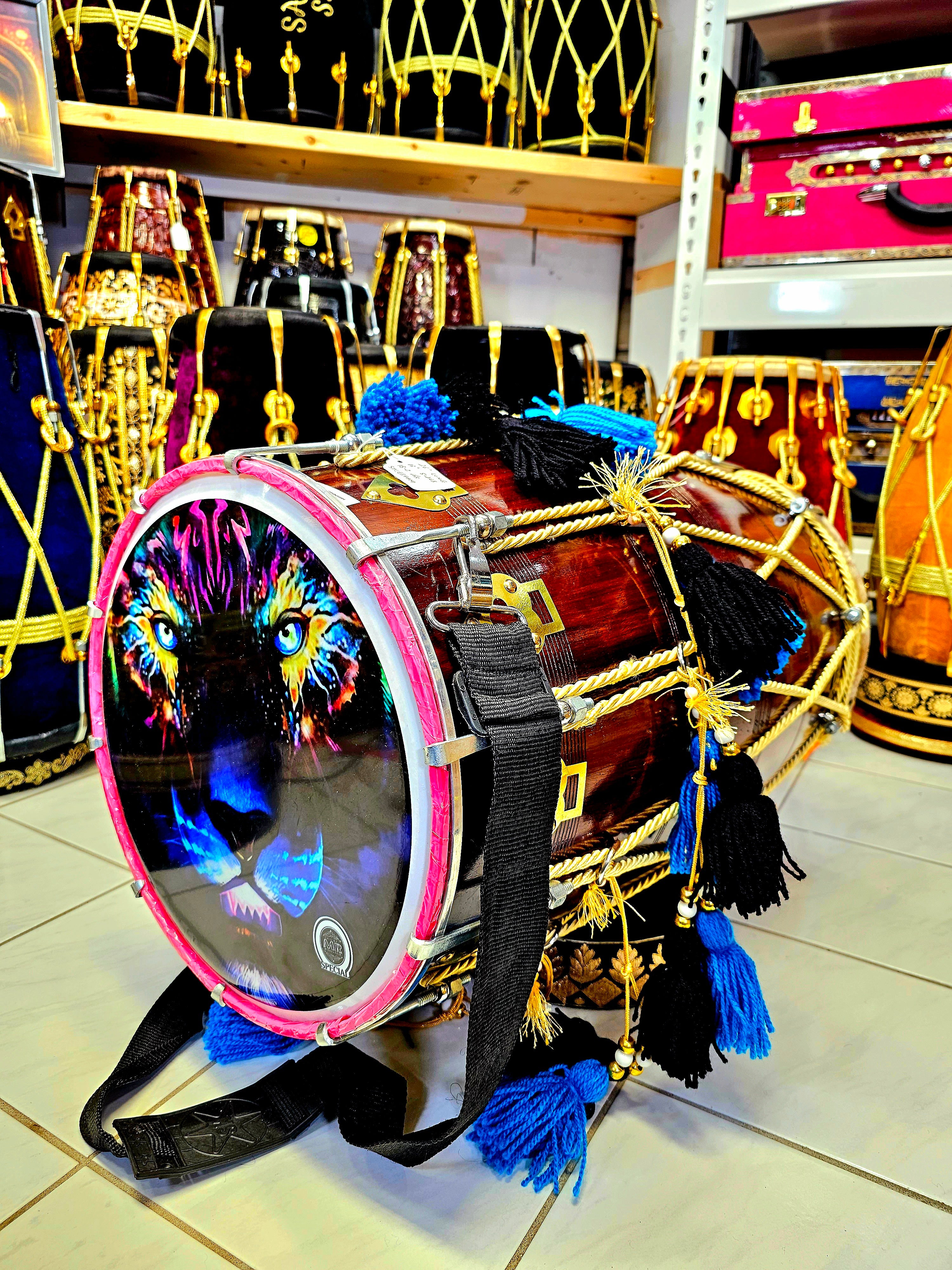 Royal Resonance: Red Sheesham Bolted Punjabi Dhol - 12" Bass, 12.5" Treble, Golden Ropes with Blue and Black Tassels *Minor Exterior Defects*