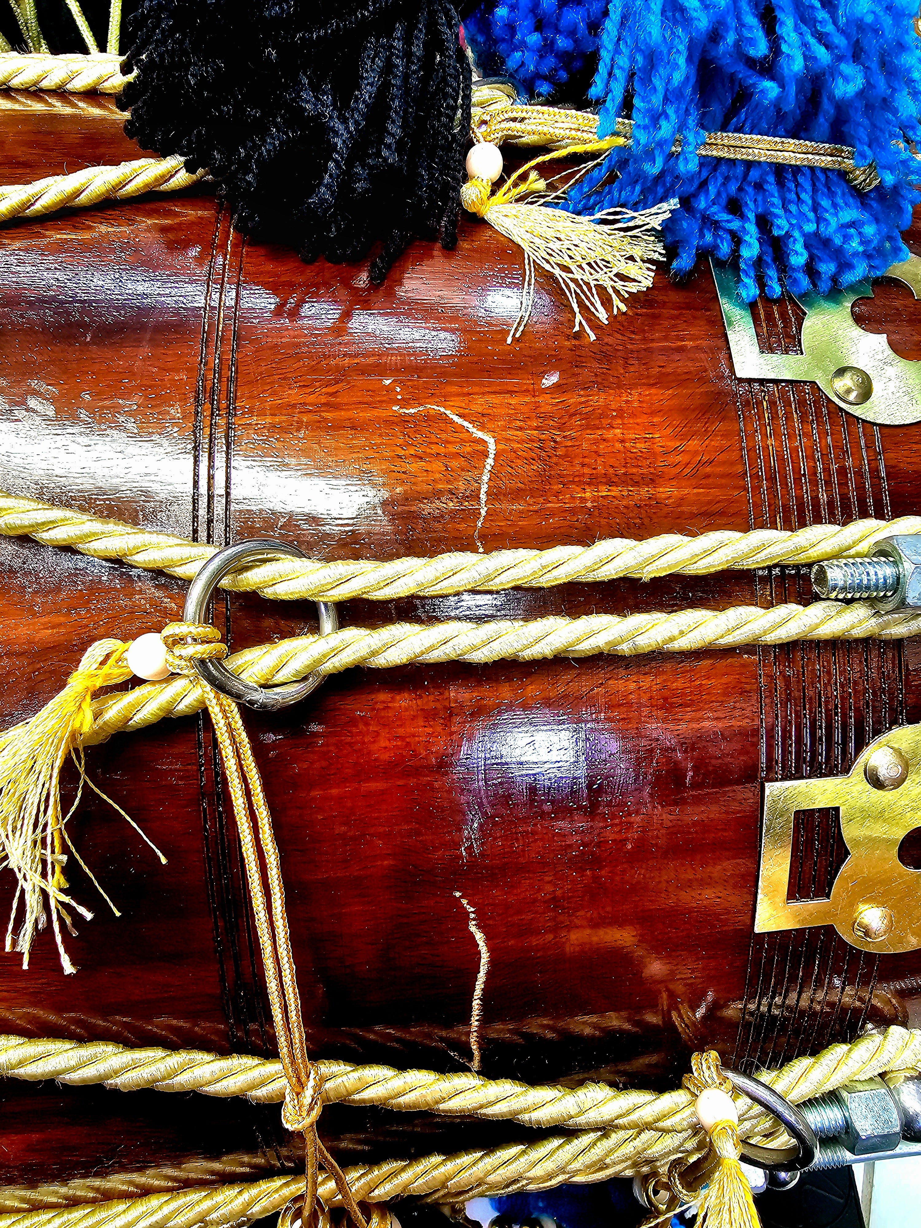 Royal Resonance: Red Sheesham Bolted Punjabi Dhol - 12" Bass, 12.5" Treble, Golden Ropes with Blue and Black Tassels *Minor Exterior Defects*