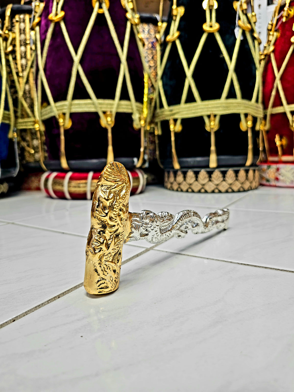 Dragon's Harmony: 2-Tone Gold & Silver Dragon Designed Tabla Hammer - Sangeet Store