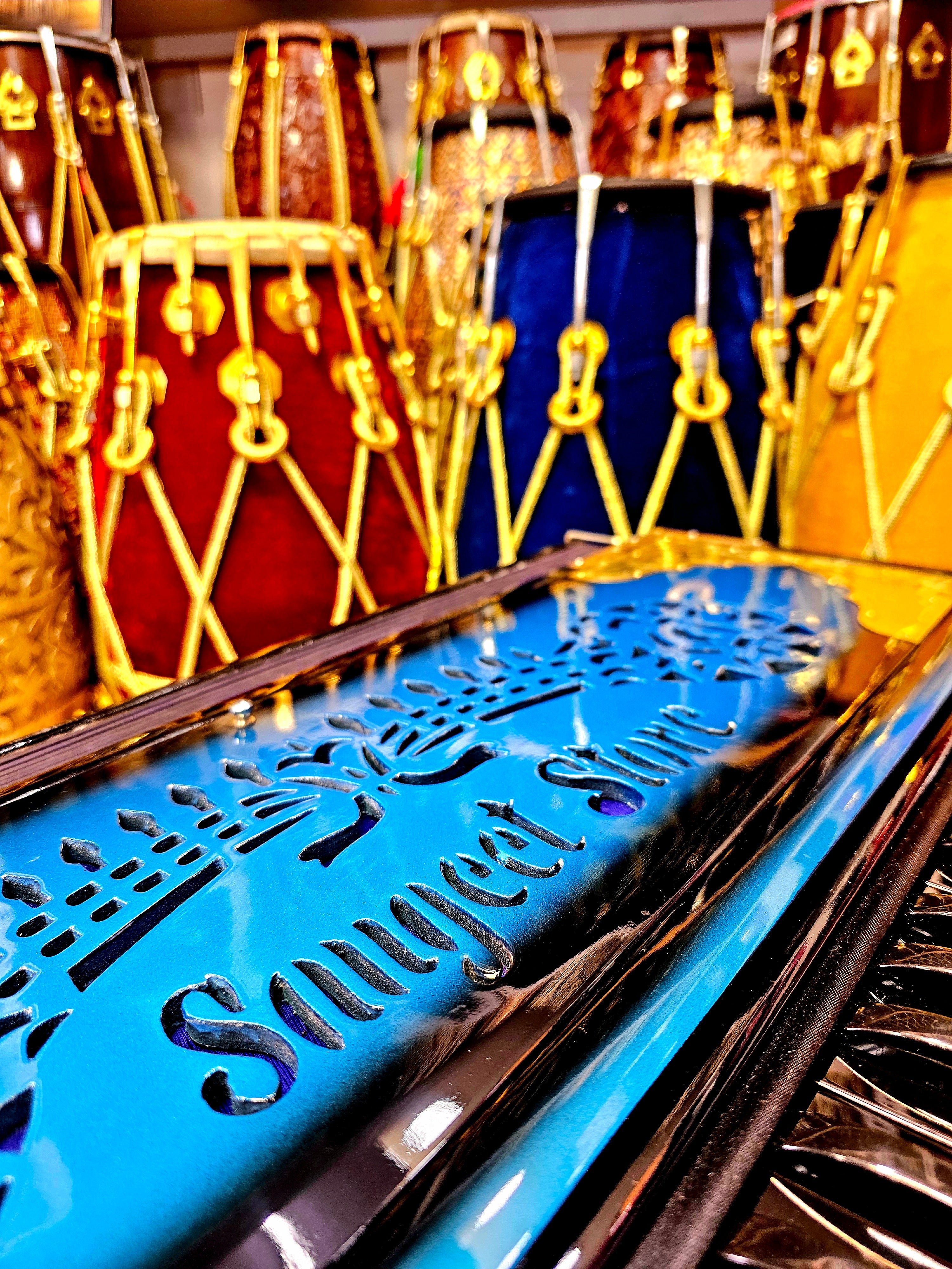 Azure Symphony: Blue and Black Blended Sangeet Store 13-Scale Changer 3 Reed BMF Harmonium with Black Keys