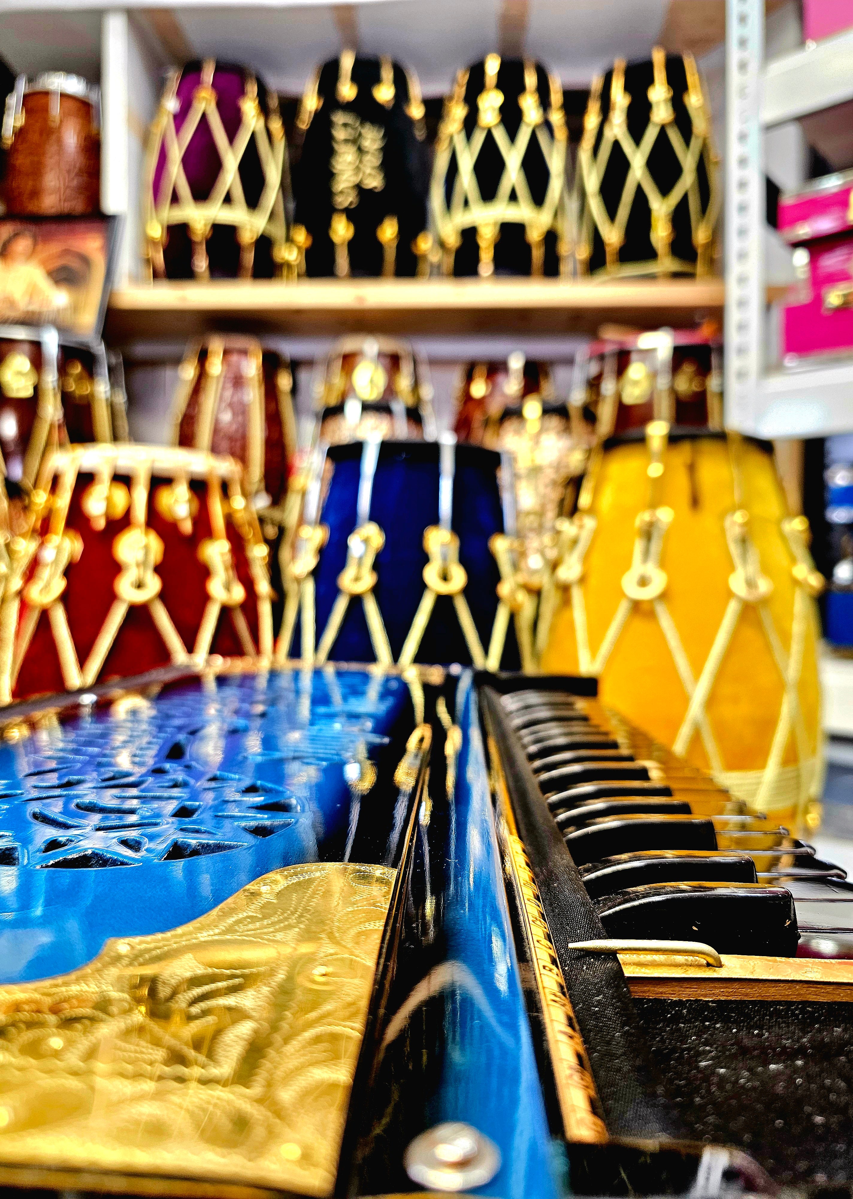 Azure Symphony: Blue and Black Blended Sangeet Store 13-Scale Changer 3 Reed BMF Harmonium with Black Keys