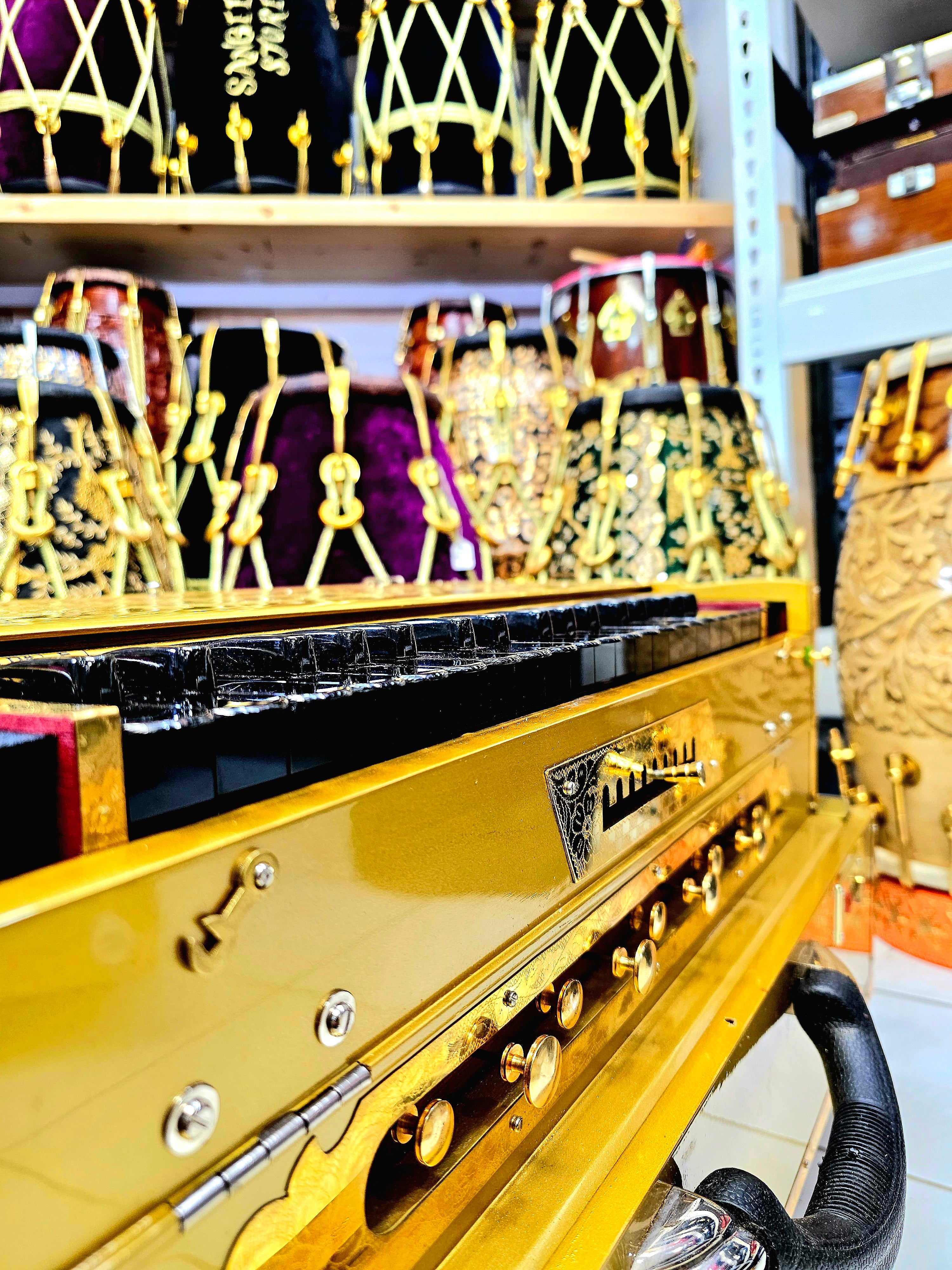 Divine Symphony: Golden Enigma 3 Reed BMF 9 Scale-Changer Sangeet Store Harmonium with Ebony Keys and Opulent Golden Accents