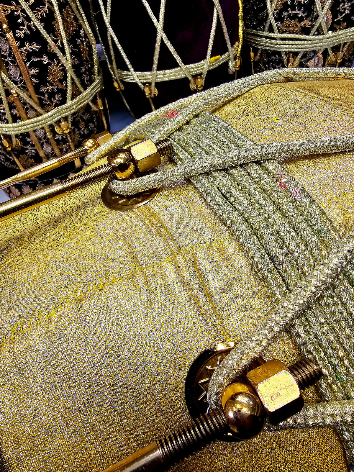 Radiant Rhythms: Golden Sparkly Wrapped Red Sheesham Dholak with Black Skins, Thin-Rimmed Treble Skin, and Golden Accents - *Slightly Imperfect Wrap