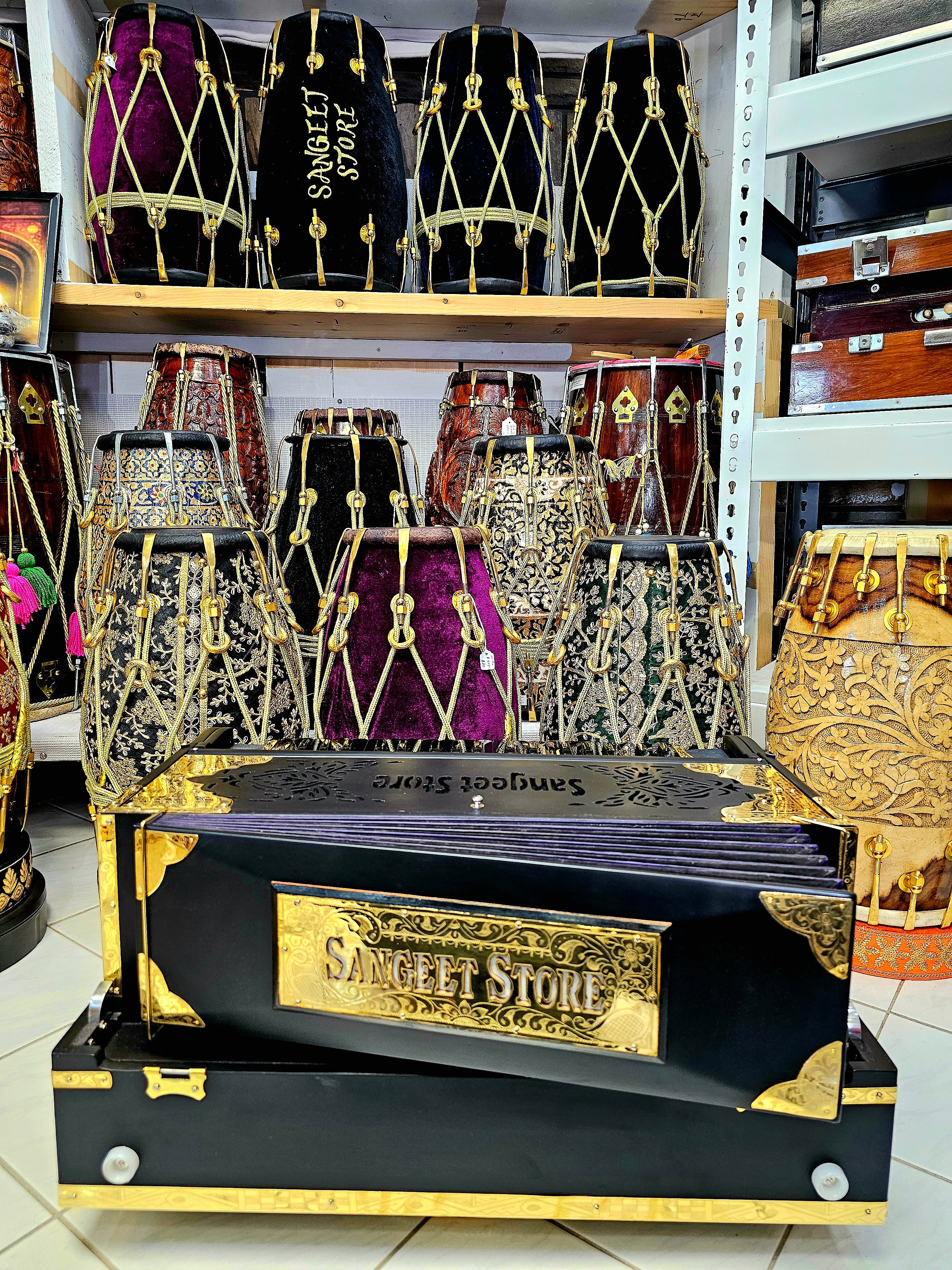 Harmony Noir Elegance: Matte Black 3 Reed BMF 9 Scale-Changer Sangeet Store Harmonium with Black-on-Black Keys and Golden Accents