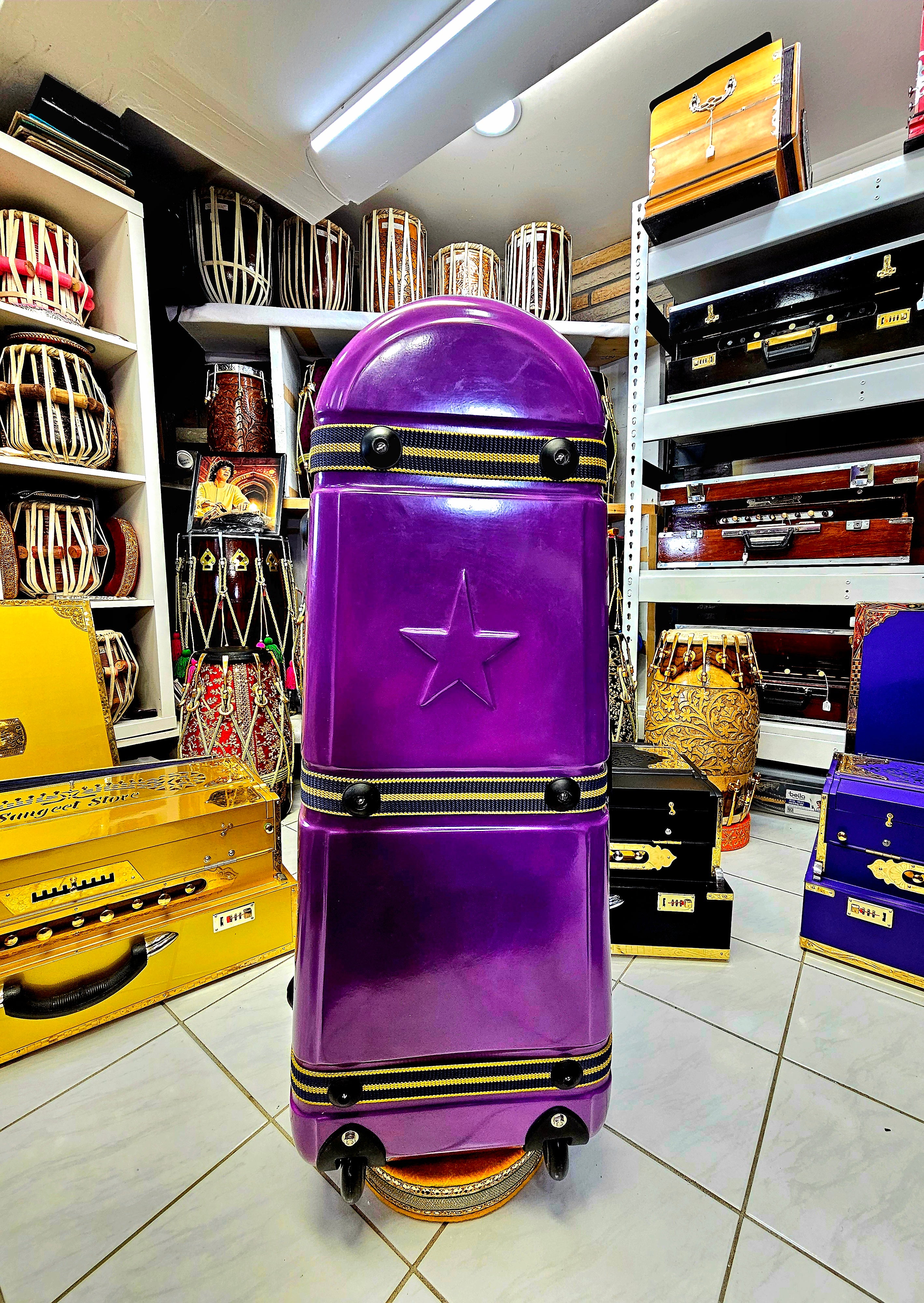 Harmony Haven: Lavender 3-Piece Tabla/Dholak Case with Bold Straps, Red Felt Lining, and Dual-Handle Mobility