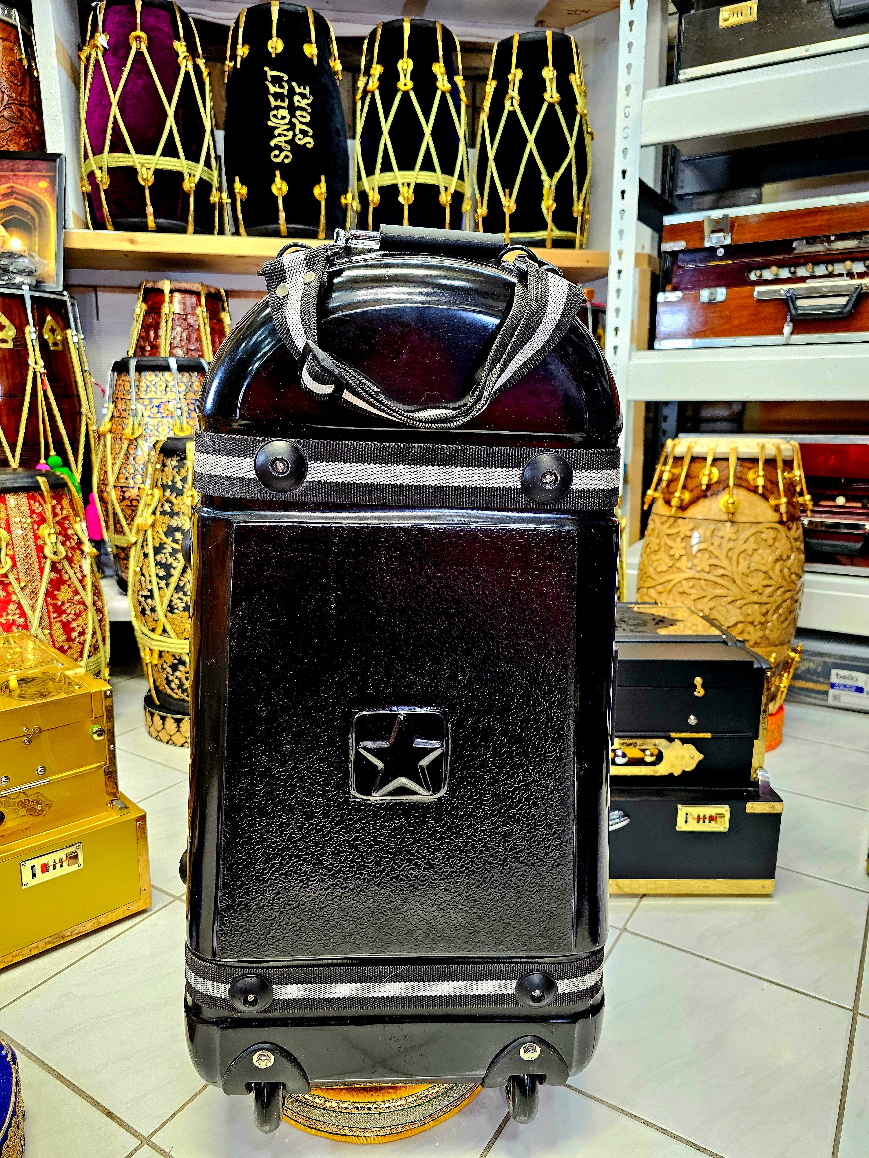 Melodic Fortress: Sleek Black 2-Piece Tabla/Dholak Case with Enhanced Mobility and Red Felt Luxury